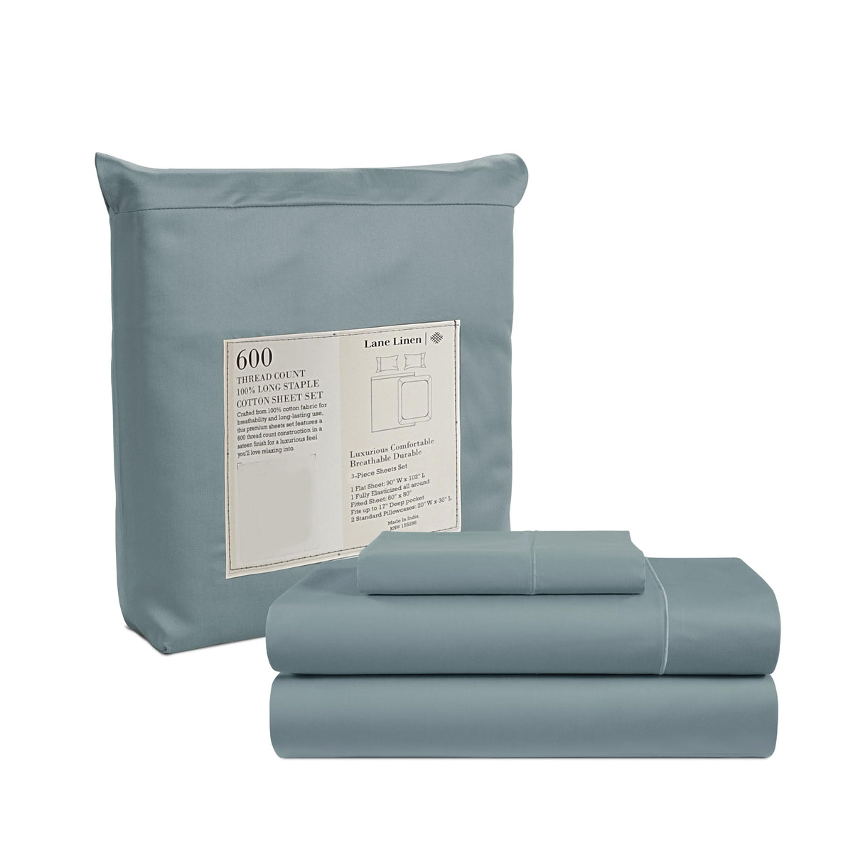 Lane Linen Twin Sheets Set - 600 Tc Twin Bed Sheets Set - 100% Cotton Sheets Twin Size - Ultra Soft Twin Size Sheets Set - Sateen Weave Bedding Sheets & Pillowcases Sets - Luxury Twin Sheet Set - Blue