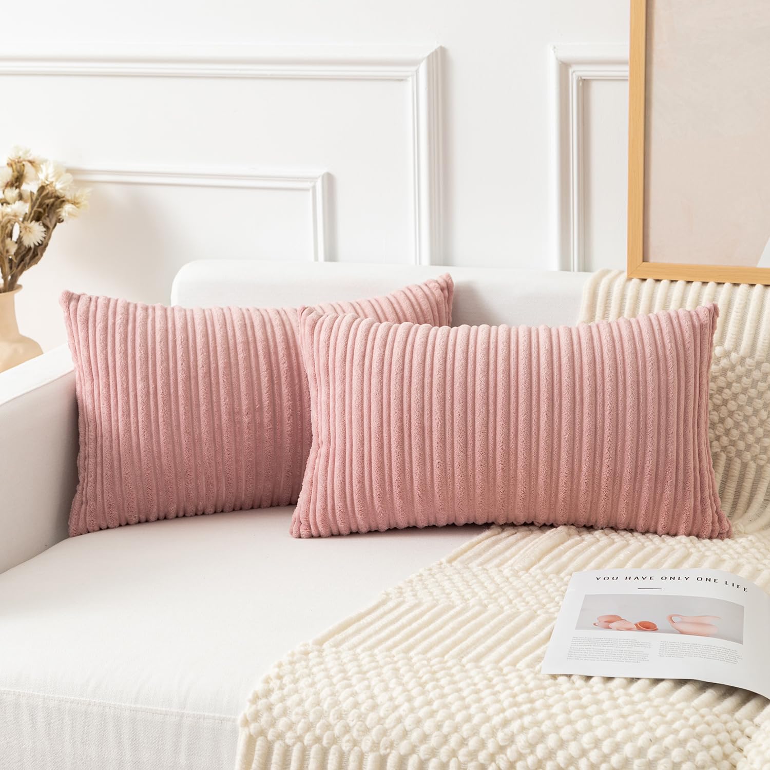 Kevin Textile 2 Pack Striped Corduroy Oblong Throw Pillow Covers 12X20 Inches Valentines Day Gifts Cushion Cases For Lumbar Chai