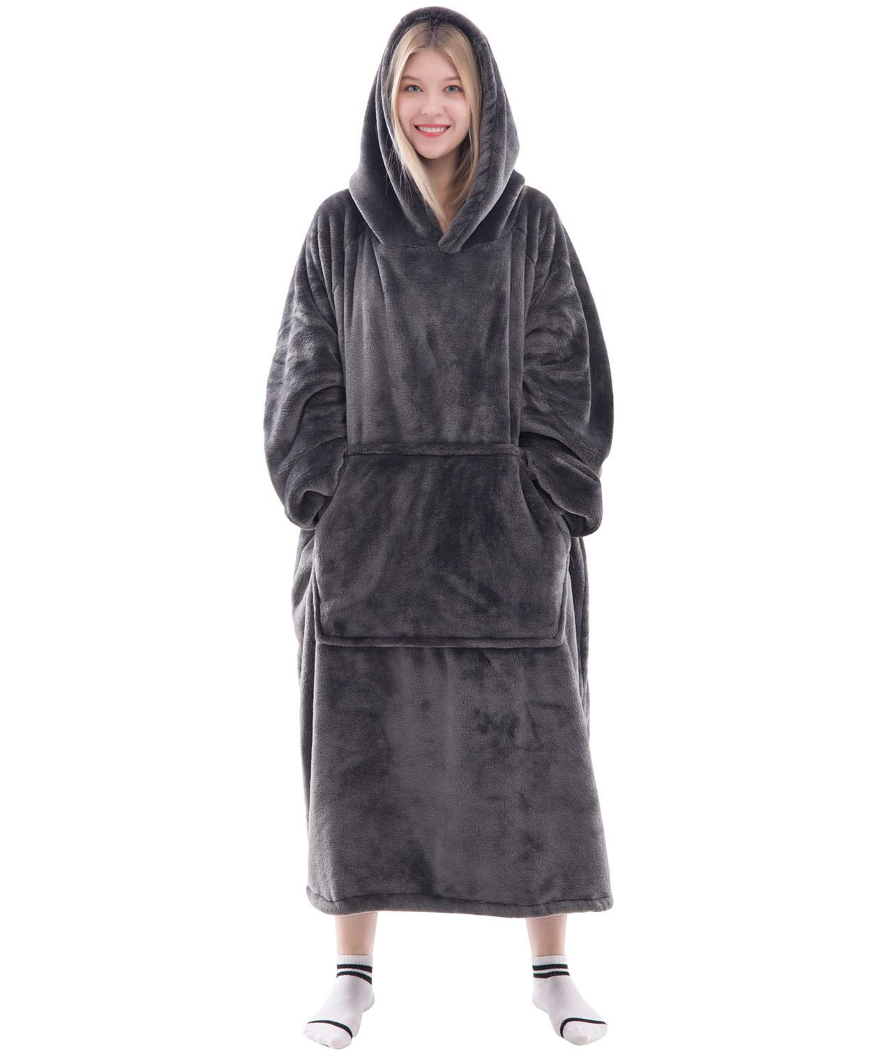 Waitu Wearable Blanket Hoodie - Thick Flannel, Dark Gray, Adult Size, Model HGBK623, Cozy Pocket Design for Men and Women