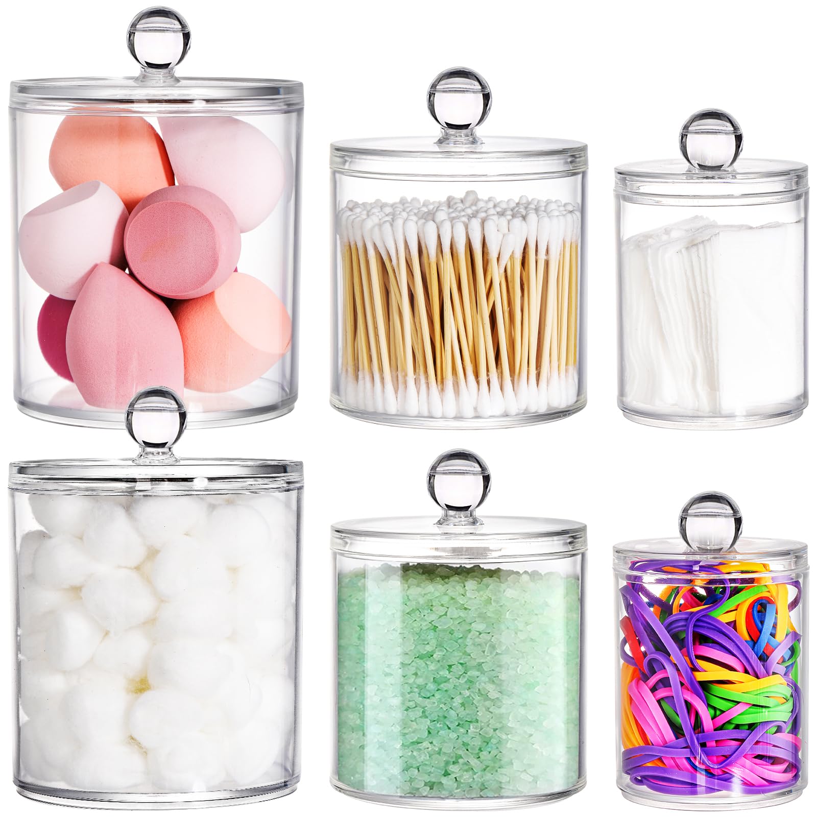 YOUEON 6 Pack Acrylic Apothecary Jars with Lids, 32/20/10 Oz Clear Cotton Ball Holder, Cotton Pad Holder, Qtip Holder Bathroom C