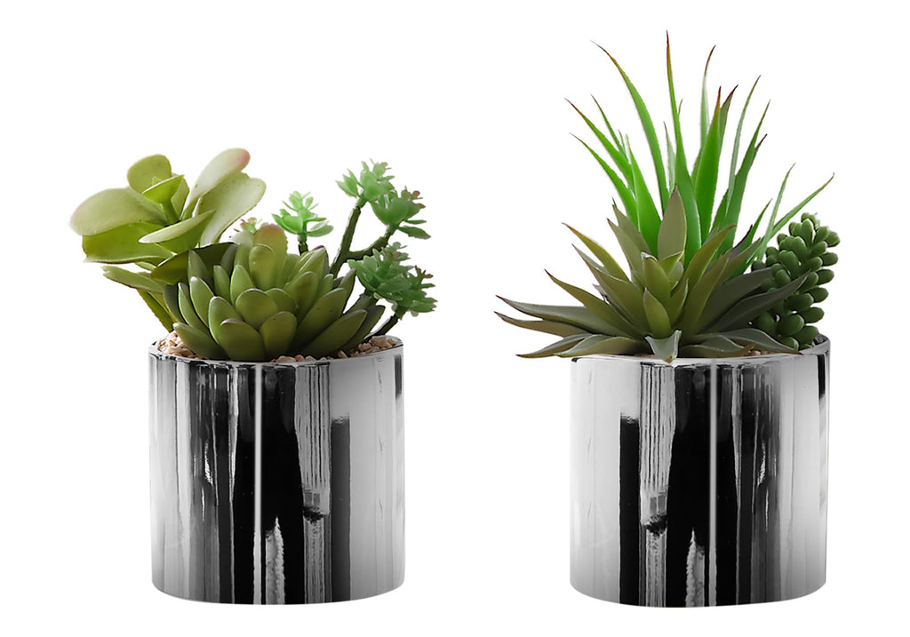 Monarch Specialties I 9550 Artificial Plant, 7' Tall, Succulent, Indoor, Set of 2, Decorative, Green Plants, Chrome Pots