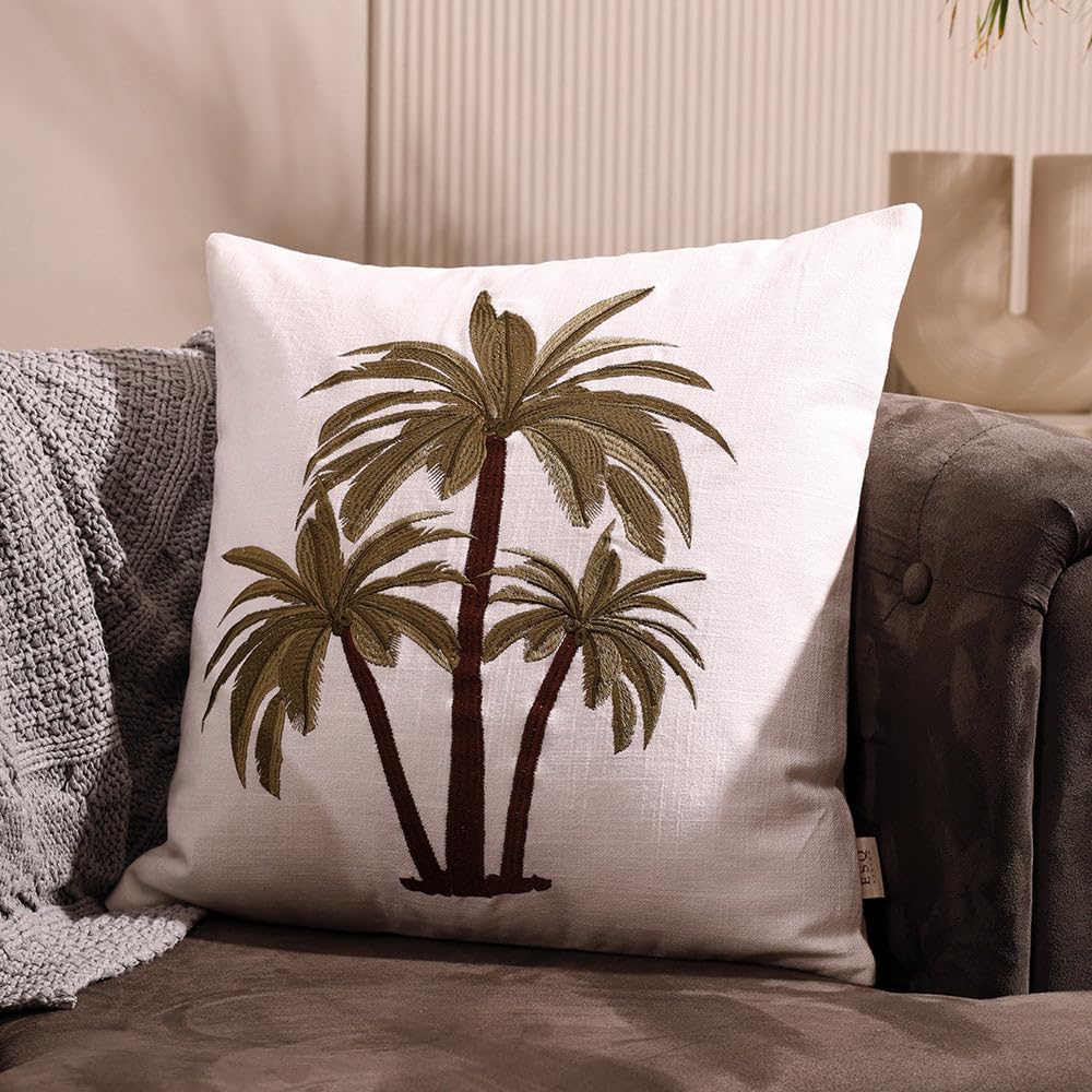 Esq Living Palm Island Embroidered Cushion Cover 45X45Cm | 100% Cotton Material With Zipper Closure| Soft Cushion Cover For Bedr