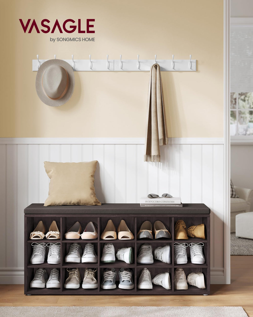 Vasagle Shoe Bench With Cushion, Storage Bench With Padded Seat, Entryway Bench With 15 Compartments, For Bedroom, 11.8 X 41.3 X 18.9 Inches, Espresso Brown And Chestnut Brown Ulhs15Br