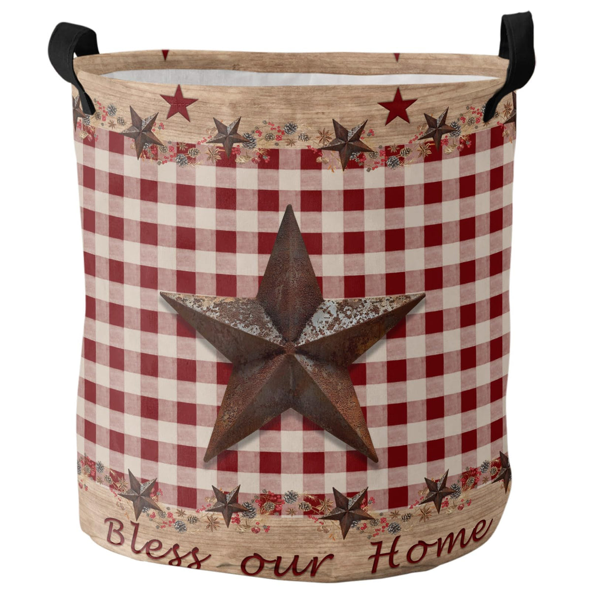 Laundry Basket with Handles Retro Country Star Farmhouse Foldable Waterproof Laundry Hamper Red White Plaid Clothes Organizer Ba