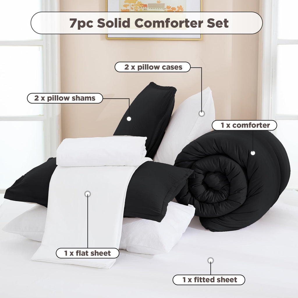 Andency Black Comforter King Size - 7 Pieces Bed In A Bag King Bedding Comforter Sets, Summer Plain Soft Lightweight Comforter With Fitted Sheets, Flat Sheets, Pillowcases & Shams