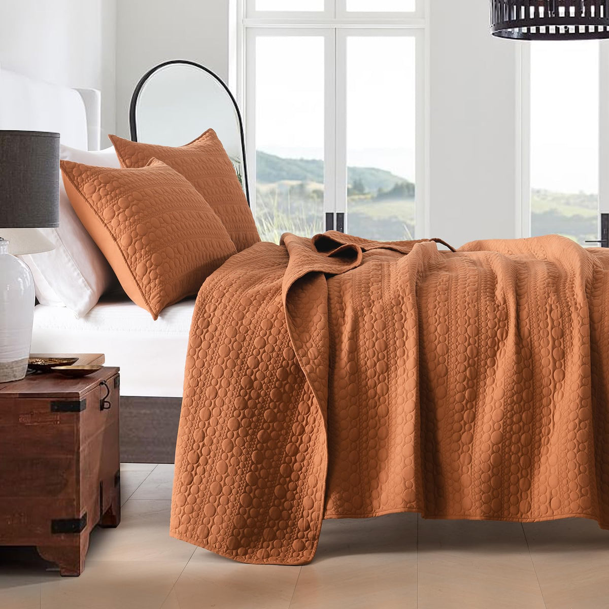 Horimote Home Quilt Set King Size Burnt Orange, Classic Geometric Spots Stitched Pattern, Pre-Washed Microfiber Chic Rustic Look