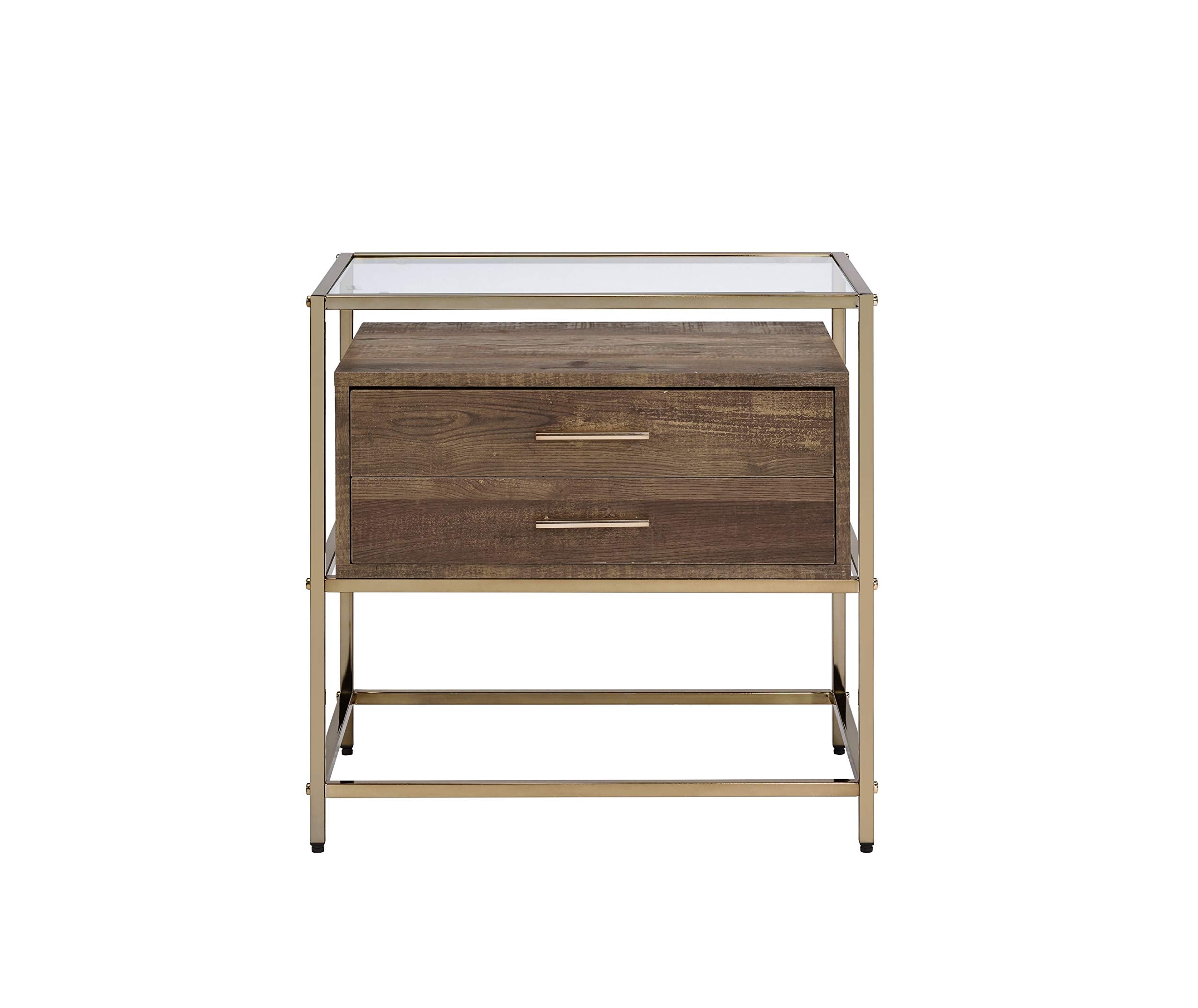 Acme Knave 2-Drawer Wooden Accent Table with Glass Top in Walnut and Champagne