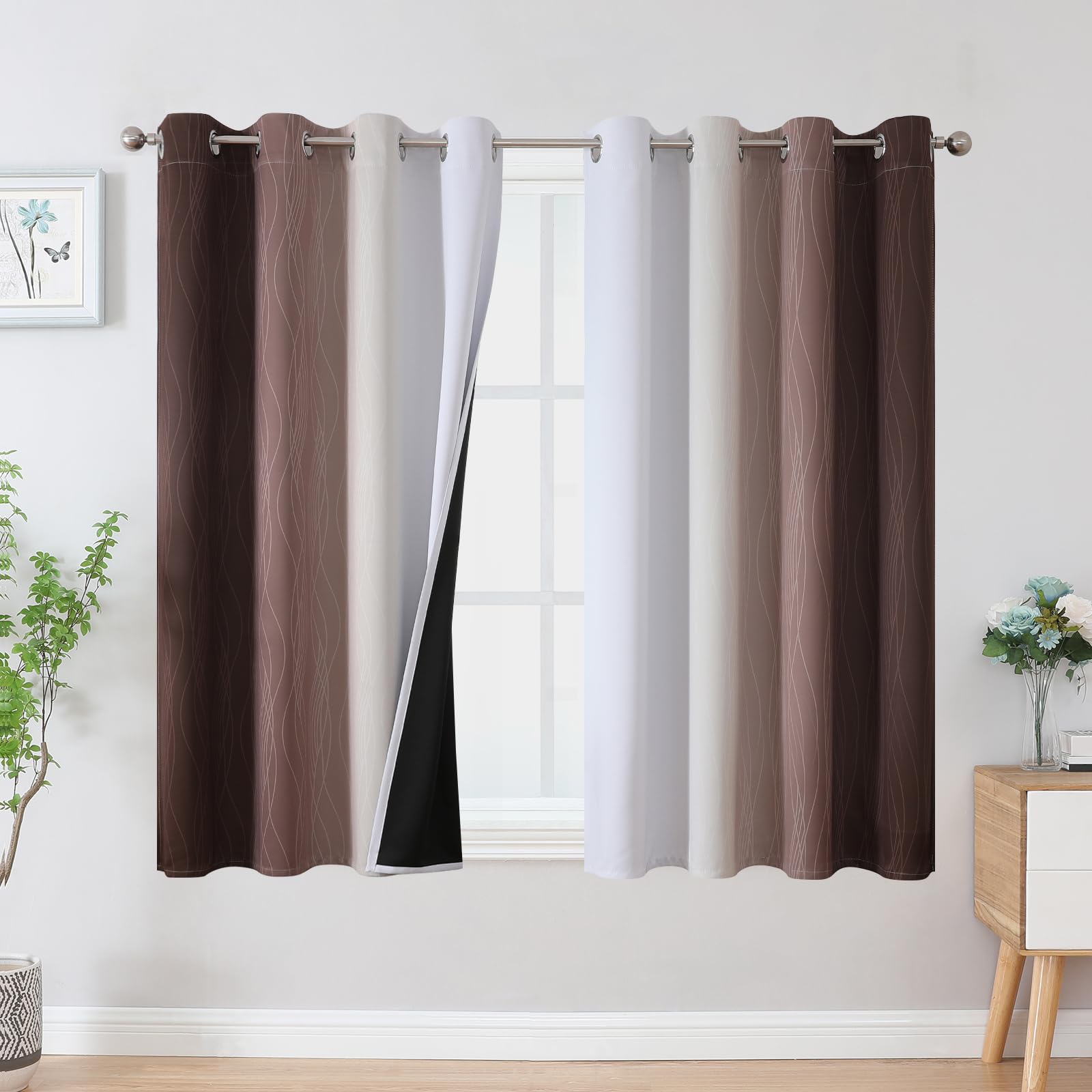 Estelar Textiler Brown And Greyish White Blackout Curtains 54 Inch Length, Full Light Blocking Gradient Grommet Drapes For Livin