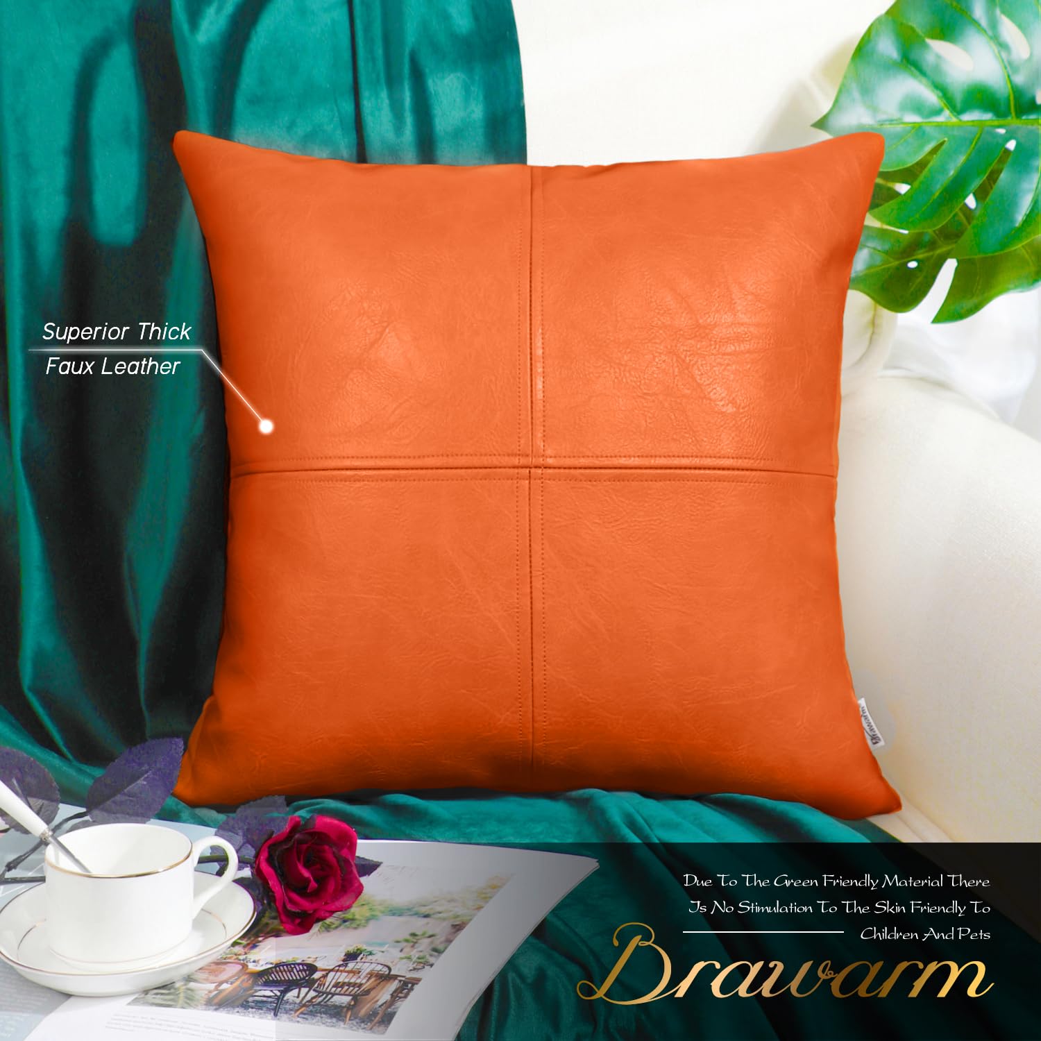 Brawarm Faux Leather Throw Pillow Covers 18 X 18 Inches, Orange Leather Pillow Cover, Hand Stitched Leather Decorative Pillow Co