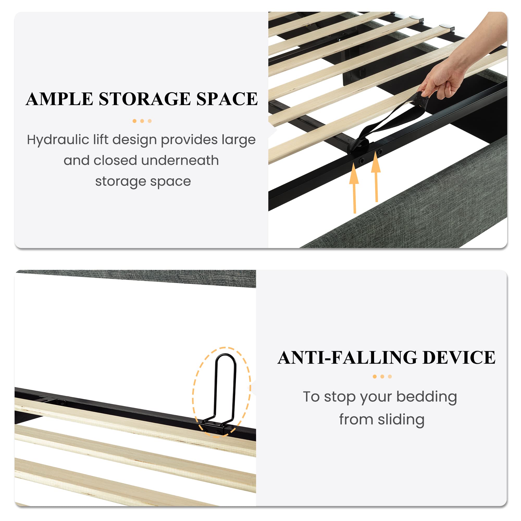 Sha Cerlin Full Size Lift Up Storage Bed/Modern Wingback Headboard/Upholstered Platform Bed Frame/Hydraulic Storage/No Box Spring Needed/Wood Slats Support/Dark Grey