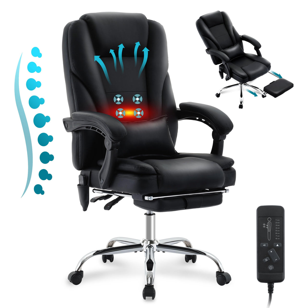 Executive Office Chair With Massage & Heat, Comfy Reclining Ergonomic Pu Leather Home Gaming Chair, Wide Seat Heavy Duty Big And