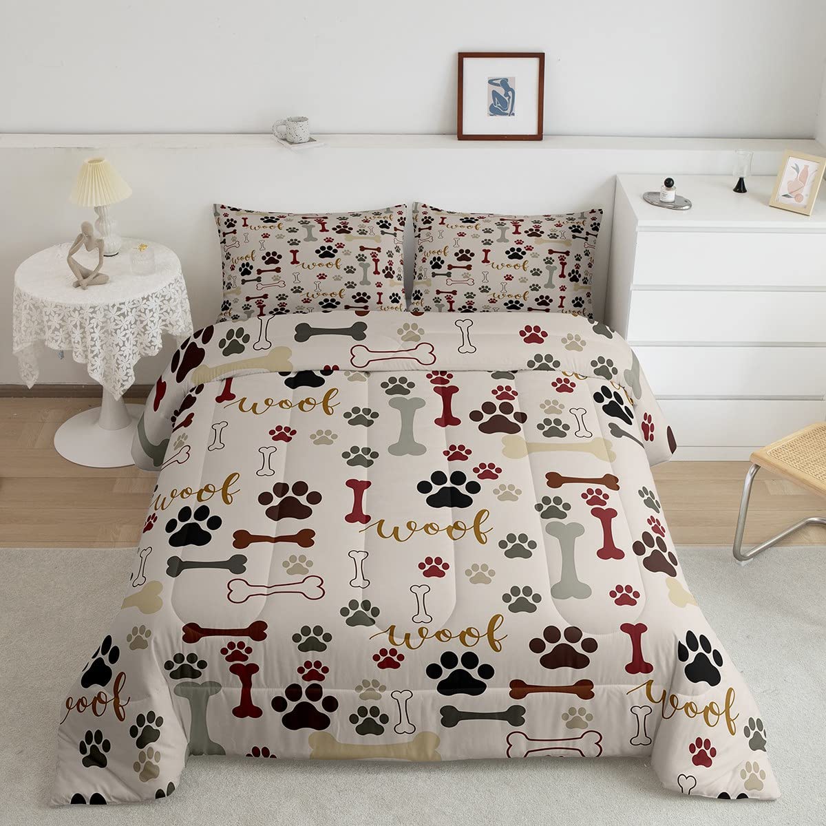 Homewish Dog Paw Print Comforter Set King Size,Bone Pattern Bedding Set 3Pcs For Kids Teens Girls Boys Room Decor,Pets Animal Cu