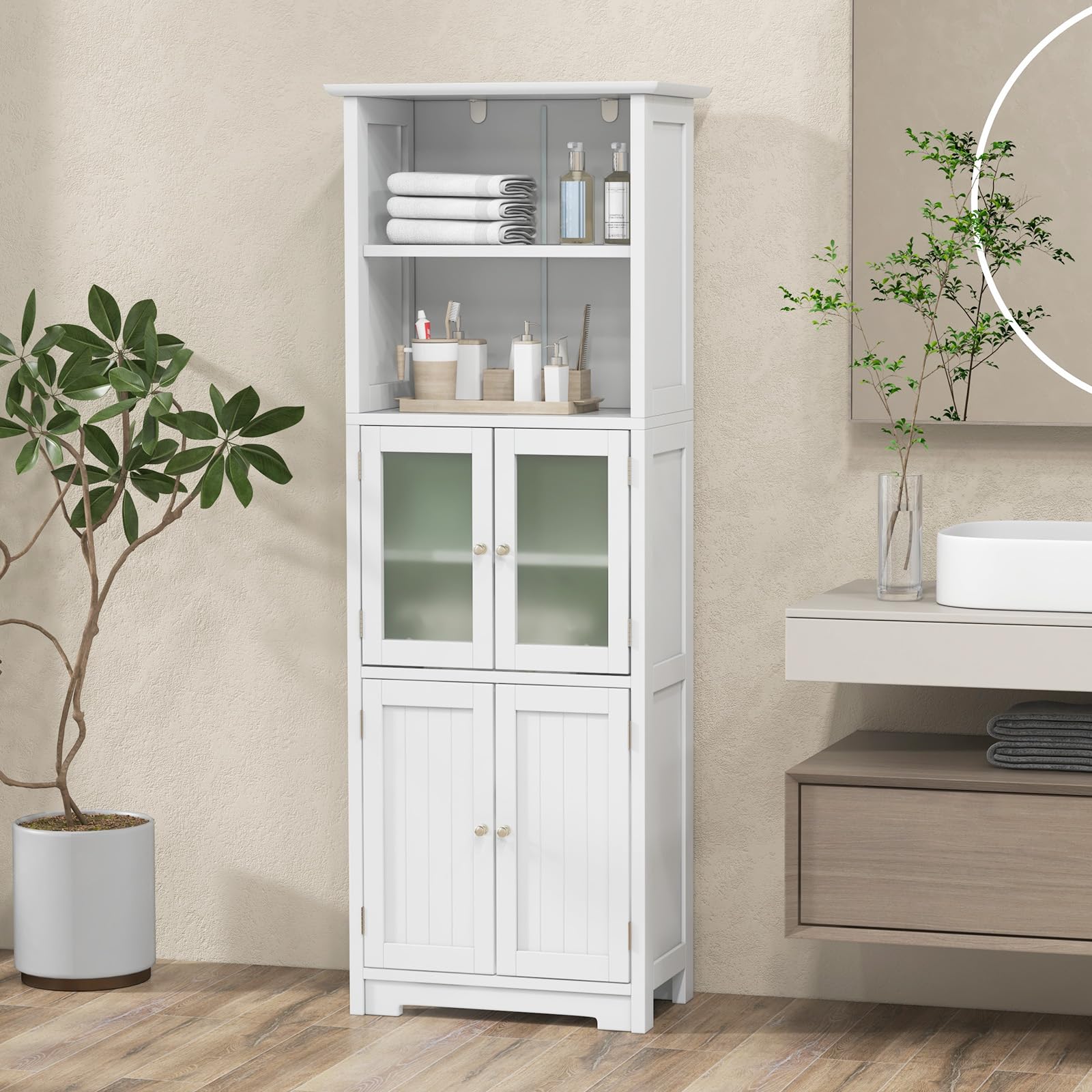 Costway Tall Bathroom Storage Cabinet, Freestanding Kitchen Pantry Cabinet With Glass Doors And Adjustable Shelf, 64” Wooden Linen Floor Cabinet For Bathroom, Living Room, Kitchen (White)