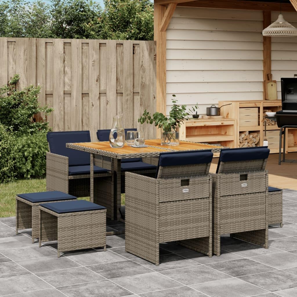 vidaXL Patio Dining Set with Cushions - 9-Piece Gray Poly Rattan Furniture for Outdoor, Garden, Backyard, Patio - Acacia Wood Tabletop, Foldable Chairs, Navy Blue Cushions