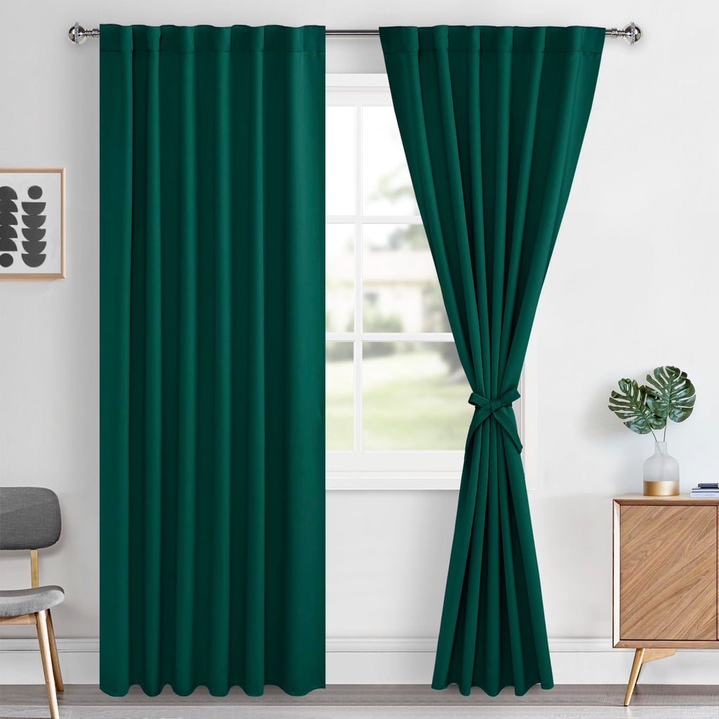 Hiasan Emerald Green Blackout Curtains 2 Panels for Bedroom, Back Tab & Rod Pocket Christmas Curtains Sewn with Tiebacks, Room D