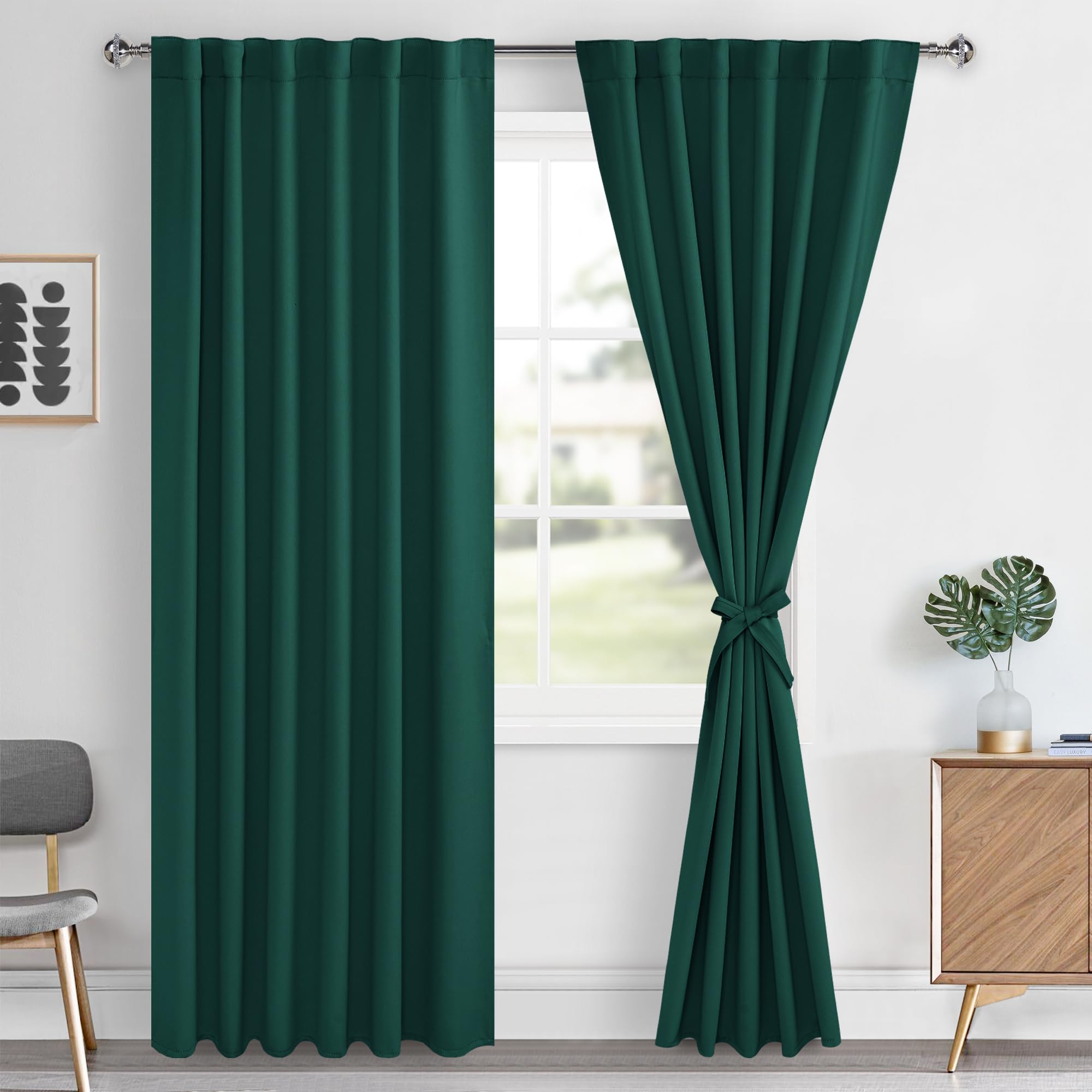 Hiasan Emerald Green Blackout Curtains 2 Panels for Bedroom, Back Tab & Rod Pocket Christmas Curtains Sewn with Tiebacks, Room D