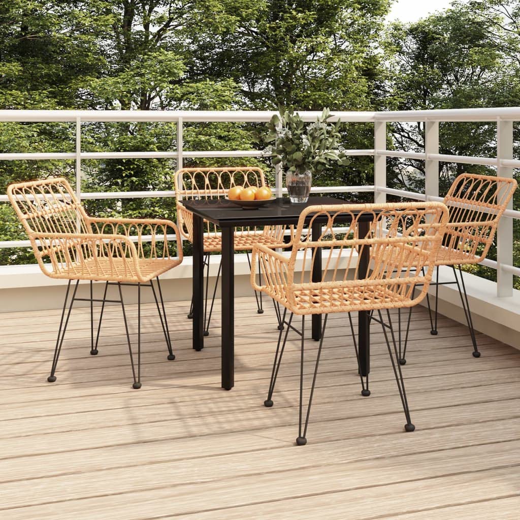 vidaXL 5 Piece Patio Dining Set in Brown Poly Rattan with Tempered Glass Table and Comfortable Chairs for Garden or Deck