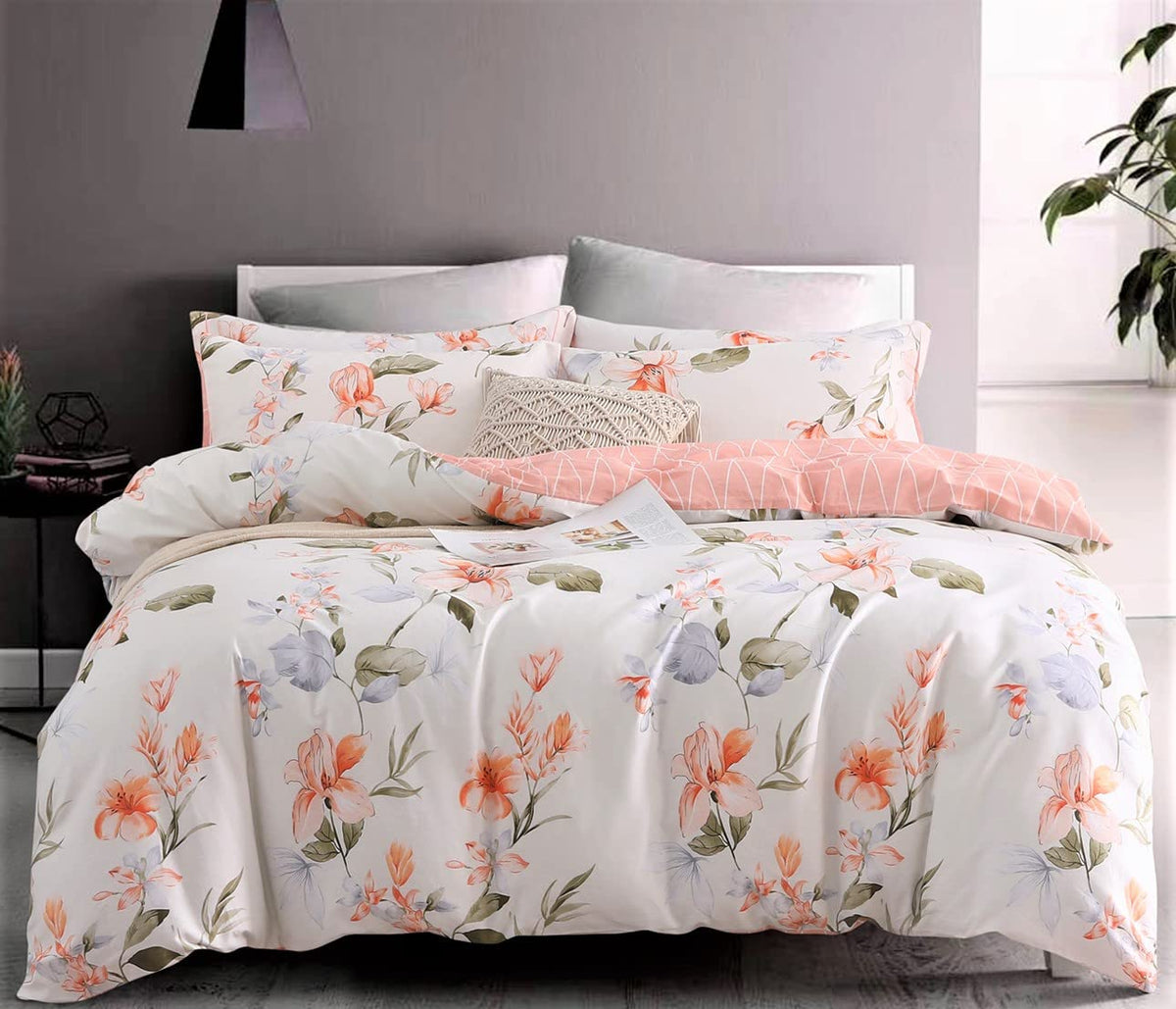 Sleepbella Comforter King Size, 600 Thread Count Cotton Blush Pink & Blue Flowers Printed In White Reversible Geometric Comforte