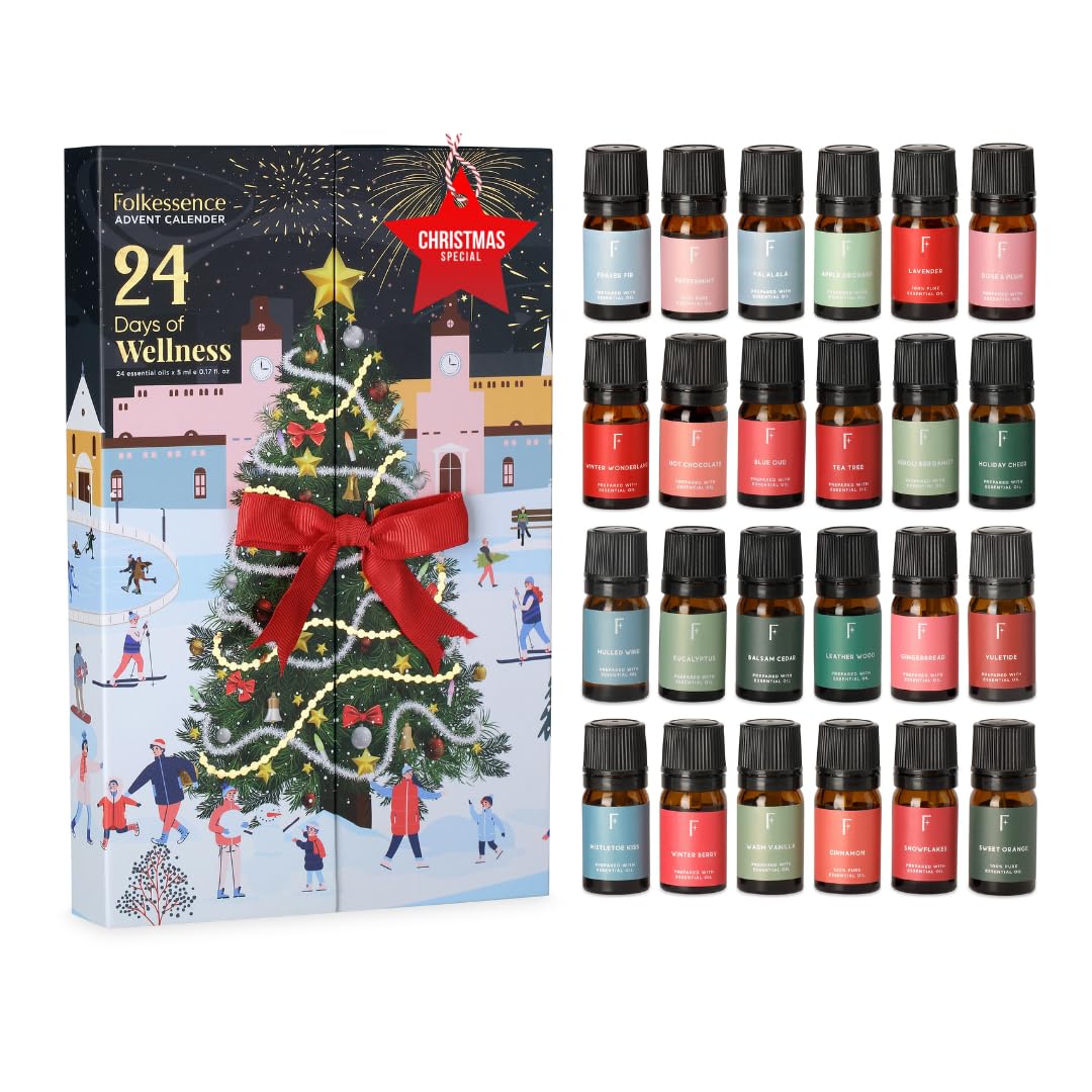 Folkulture Advent Calendar 2023 Pack of 24 Christmas Gifts Set, Christmas Essential Oil Set for Diffuser, Christmas Fragrance Oi