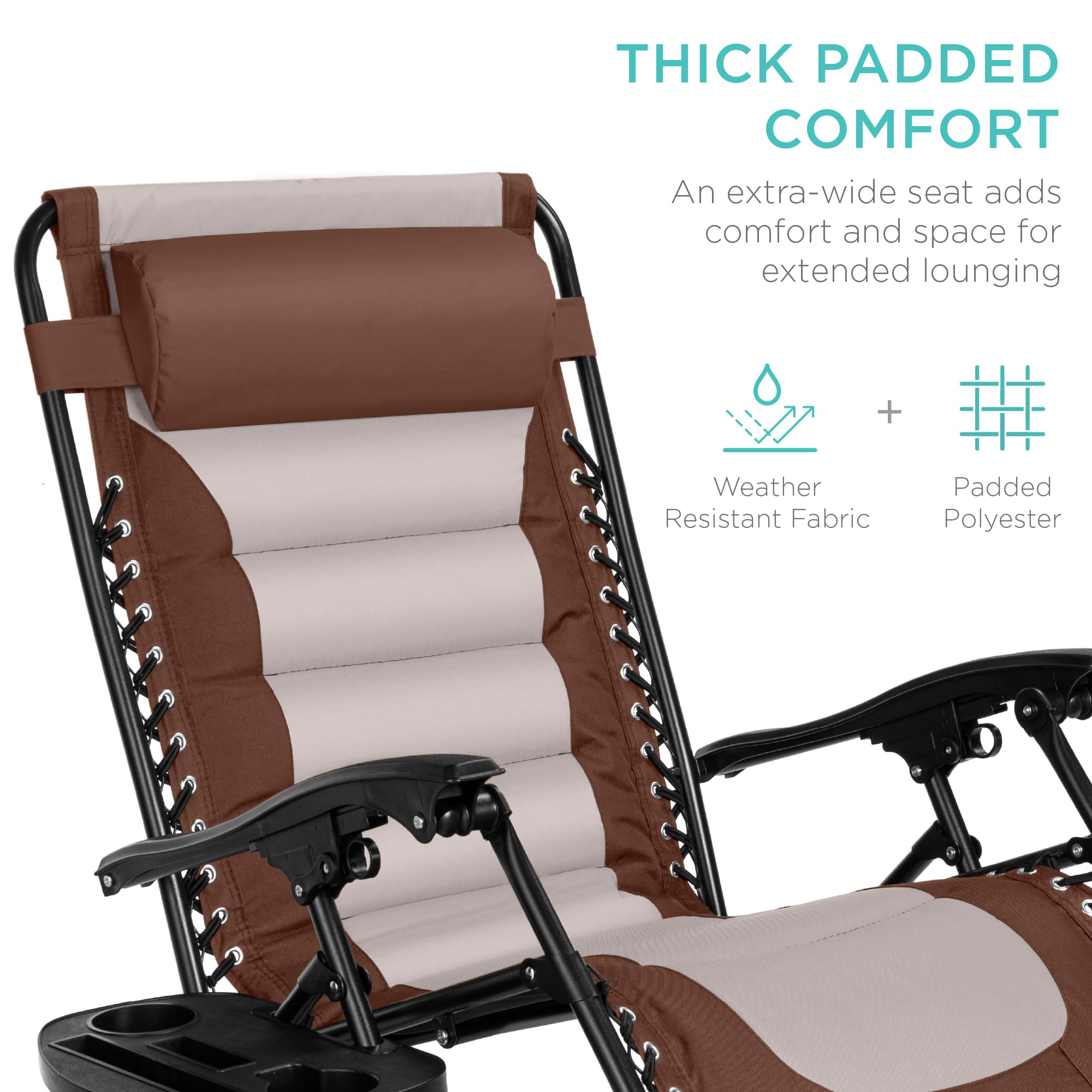 Best Choice Products Oversized Padded Zero Gravity Chair, Folding Outdoor Patio Recliner, Xl Anti Gravity Lounger For Backyard W/Headrest, Cup Holder, Side Tray, Polyester Mesh - Brown/Oyster