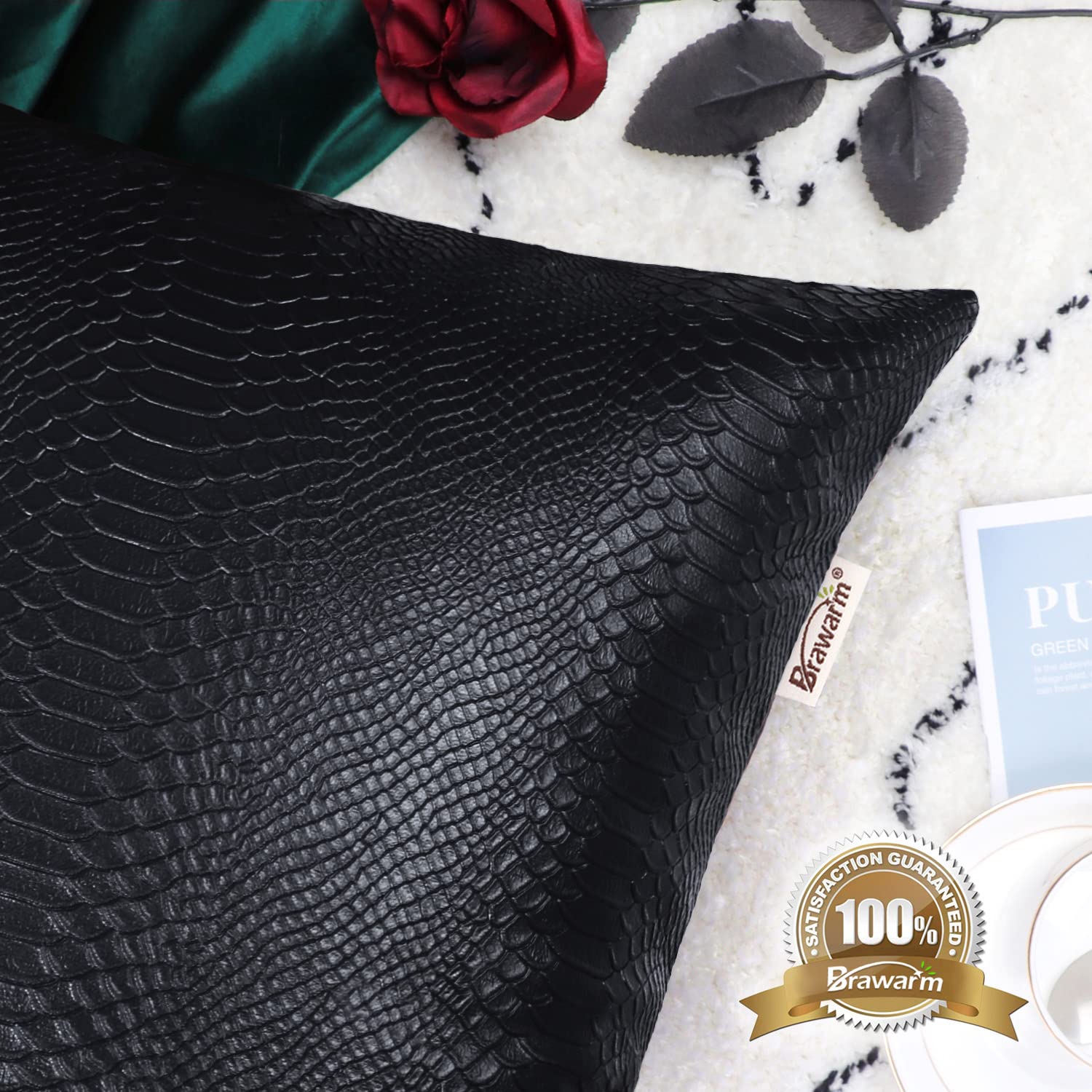 Brawarm Black Leather Throw Pillows 12 X 20 Inches, Snake Leather Pillow Covers Pack Of 2, Faux Leather Decorative Lumbar Pillow