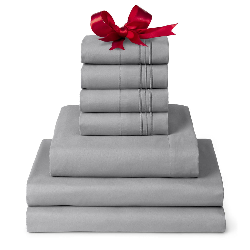 Mellanni Split King Sheet Set - 7-Piece Iconic Collection Bedding, (Including 4 Pillowcases), 16-Inch Deep Pocket, Easy Care, Extra Soft, Cooling Sheets, Brushed Microfiber - Light Gray