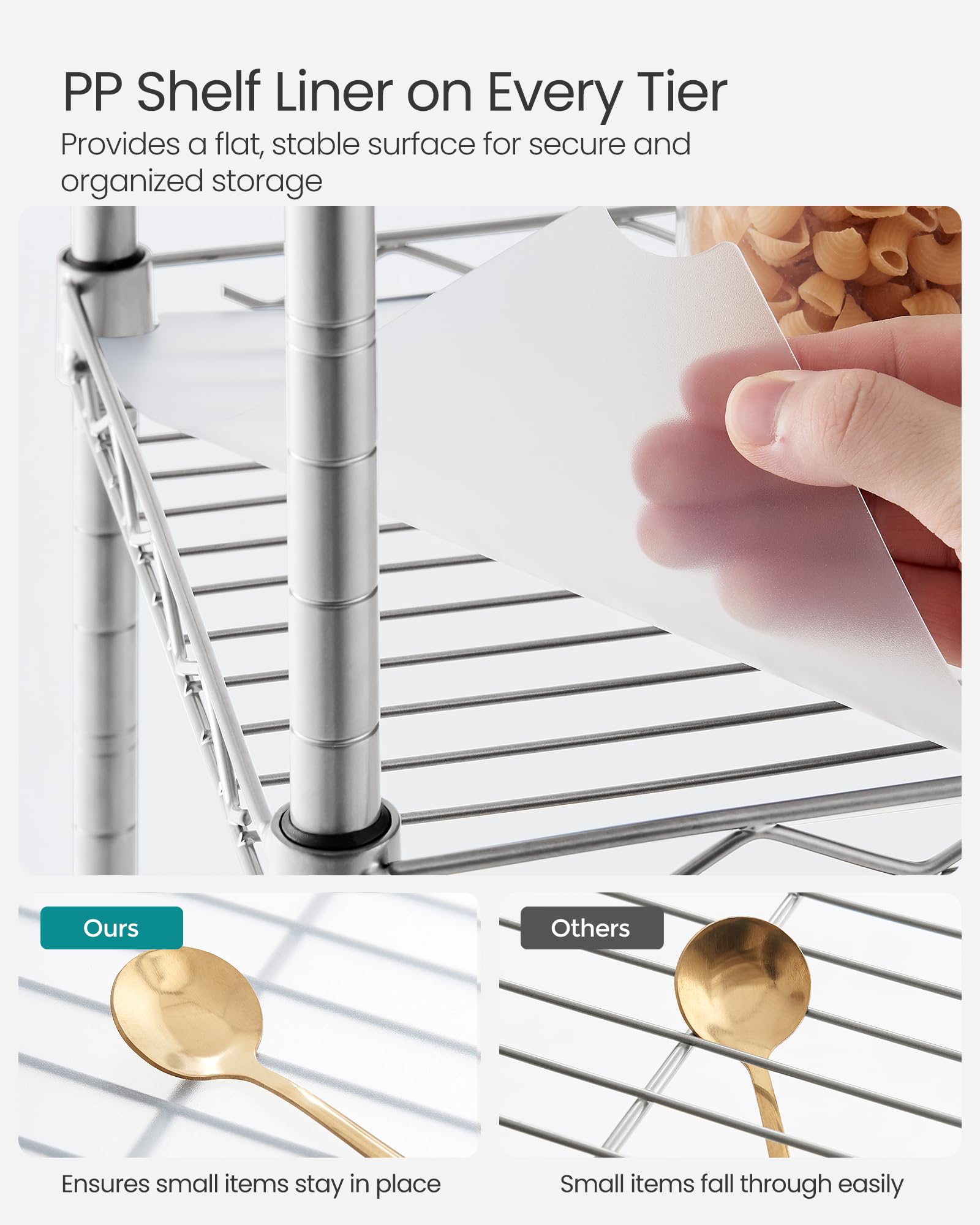 Songmics 3-Tier Bathroom Shelf, Storage Rack For Small Space, With 3 Pp Shelf Liners, Removable Hook, Extendable Design, Silver And Translucent Ulgr103E01