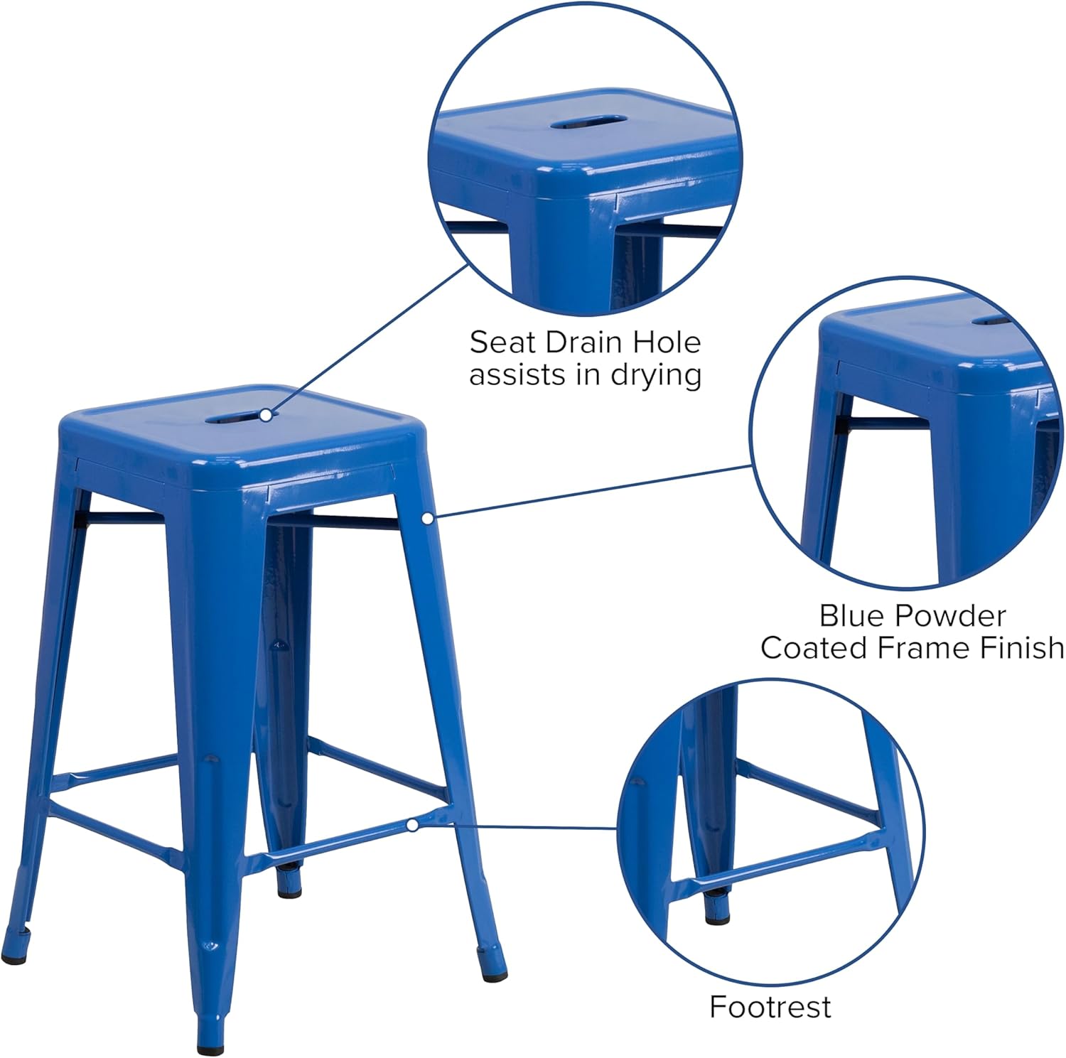Commercial Grade 24 High Backless Blue Metal Indoor-Outdoor Counter Height Stool with Square Seat