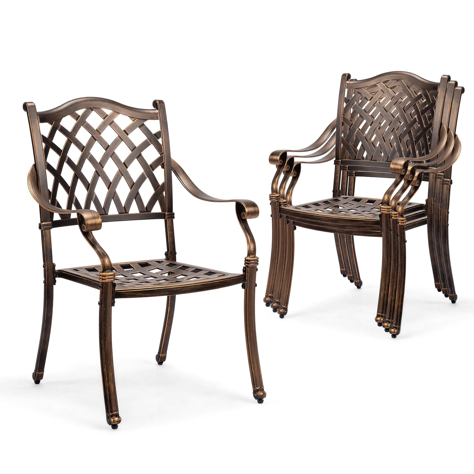 Vingli Patio Chairs Set Of 4 - Stackable Outdoor Cast Aluminum Dining Chairs With Vintage Bronze Finish And Diamond Pattern, Met