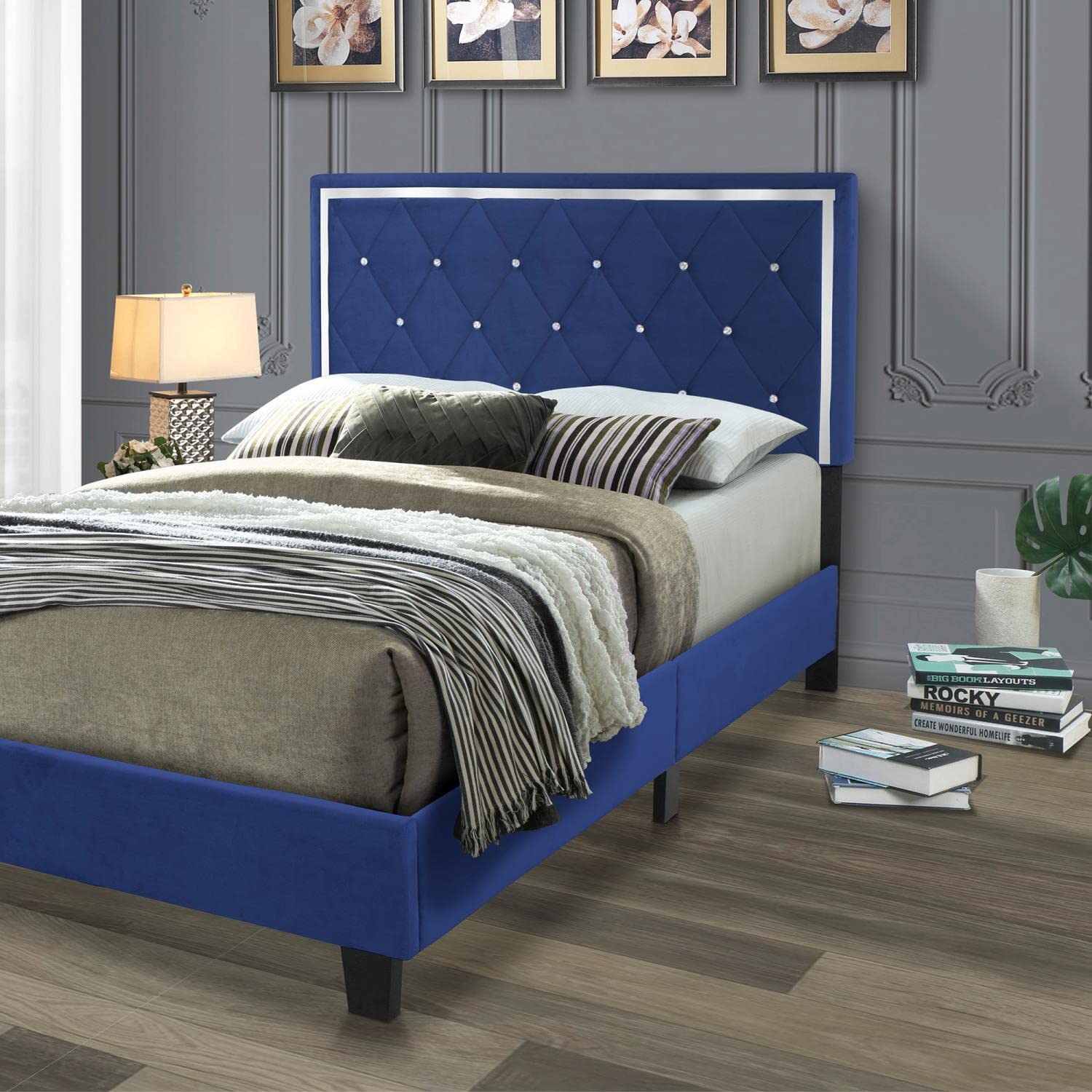 Better Home Products Monica Velvet Upholstered Queen Platform Bed in Blue