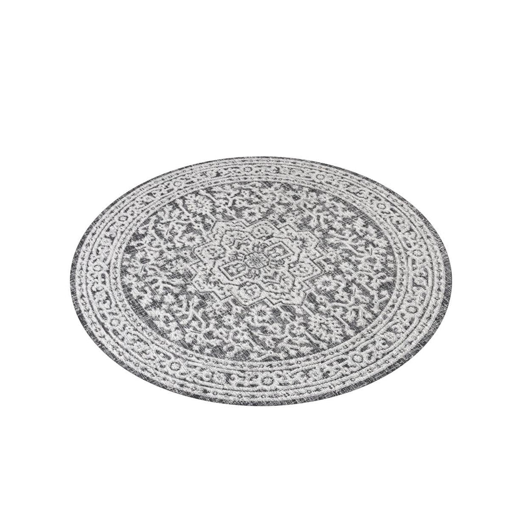Jonathan Y Smb101D-5R Sinjuri Medallion Textured Weave Indoor Outdoor Area-Rug Coastal Bohemian Rustic Glam Easy-Cleaning Bedroom Kitchen Backyard Patio Non Shedding, 5' Round, Gray/Black