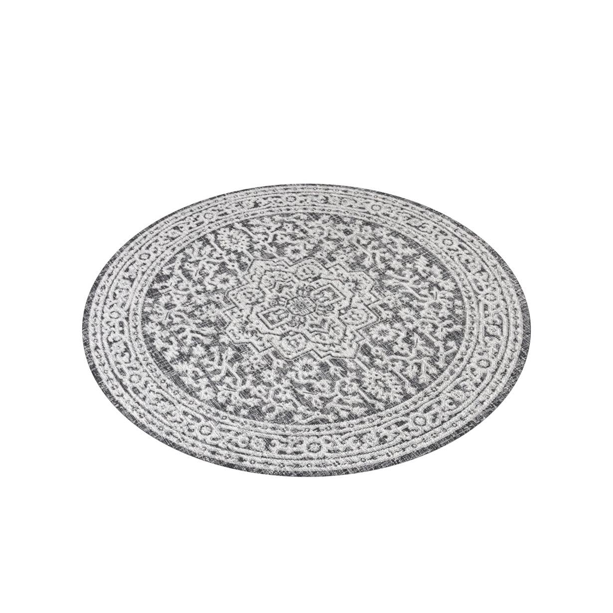 Jonathan Y Smb101D-5R Sinjuri Medallion Textured Weave Indoor Outdoor Area-Rug Coastal Bohemian Rustic Glam Easy-Cleaning Bedroom Kitchen Backyard Patio Non Shedding, 5' Round, Gray/Black