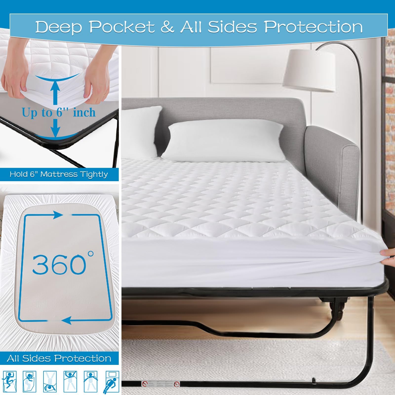 Grt Waterproof Sofa Bed Mattress Pad - 100% Waterproof Queen Sleeper Sofa Mattress Protector Quilted, Machine Washable Breathabl