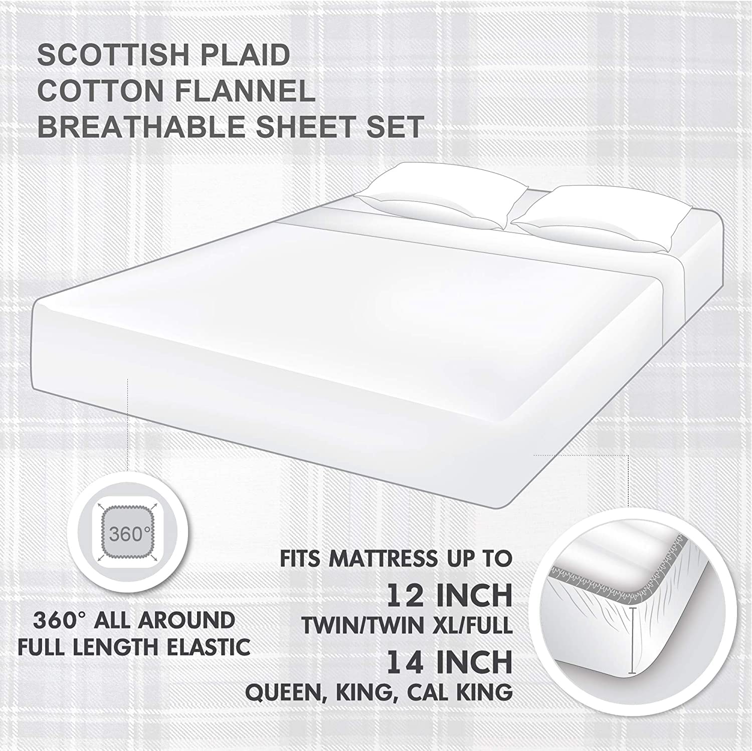 Comfort Spaces Cotton Flannel Breathable Warm Deep Pocket Sheets With Pillow Case Bedding, Full, Scottish Plaid Blue, 4 Piece