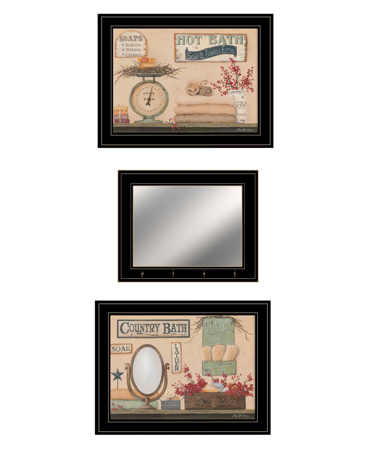 Set Of Three Wash Room Black Rim Frame Bathroom Wall Art with Hooks