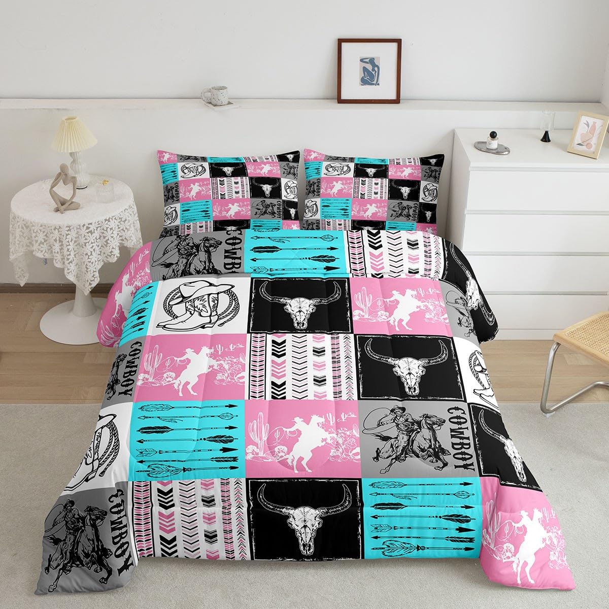 Manfei Cowboy Comforter Set Twin Size, Bull Skull Horse Arrow Bedding Set 2Pcs For Kids Boys Girls Room Decor, Geometric Grid Bl
