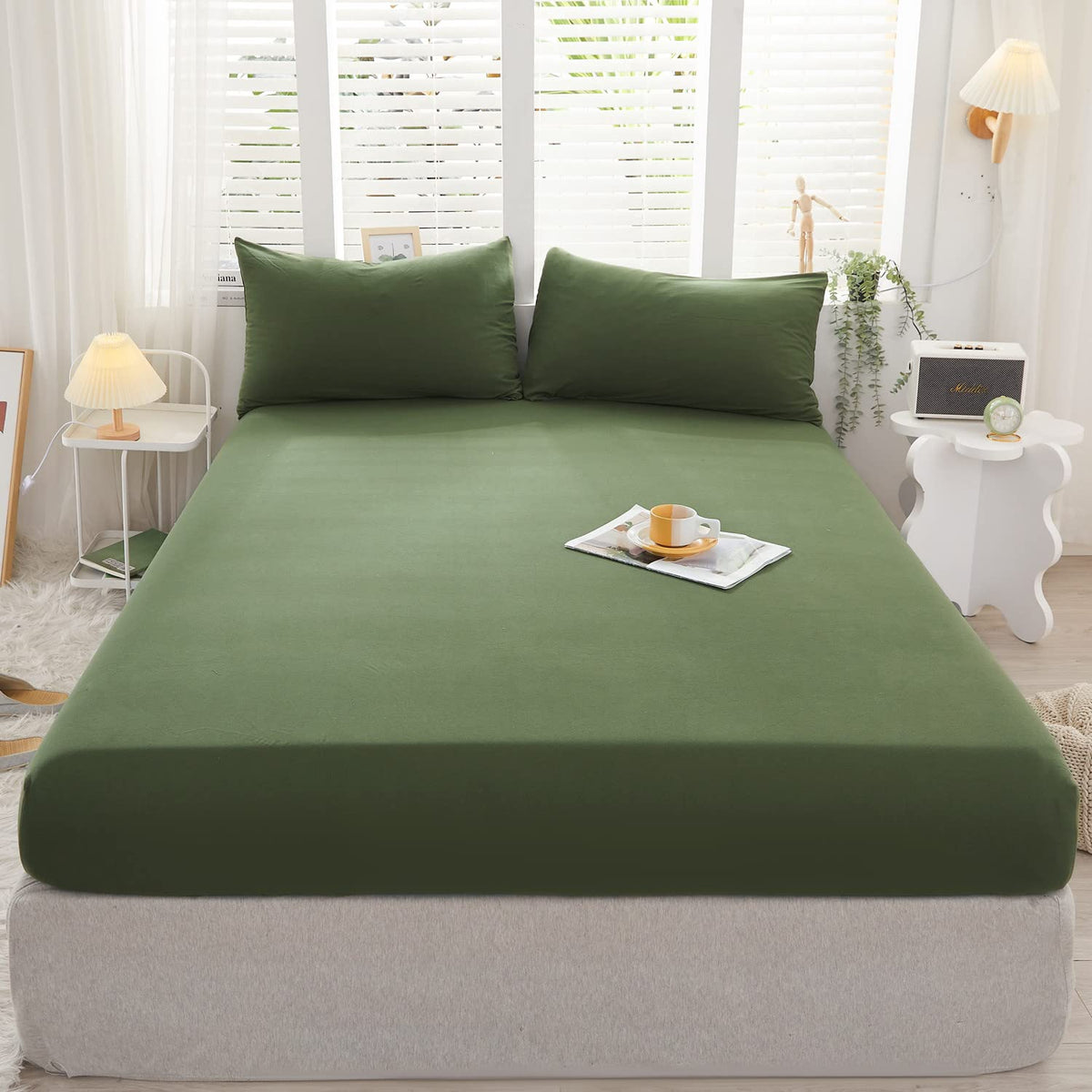 Lifetown 100% Jersey Knit Cotton Sheet, Extra Deep Pocket Sheet, 1 Fitted Sheet With 2 Pillowcases, Wrinkle-Free Ultra Soft (Oli
