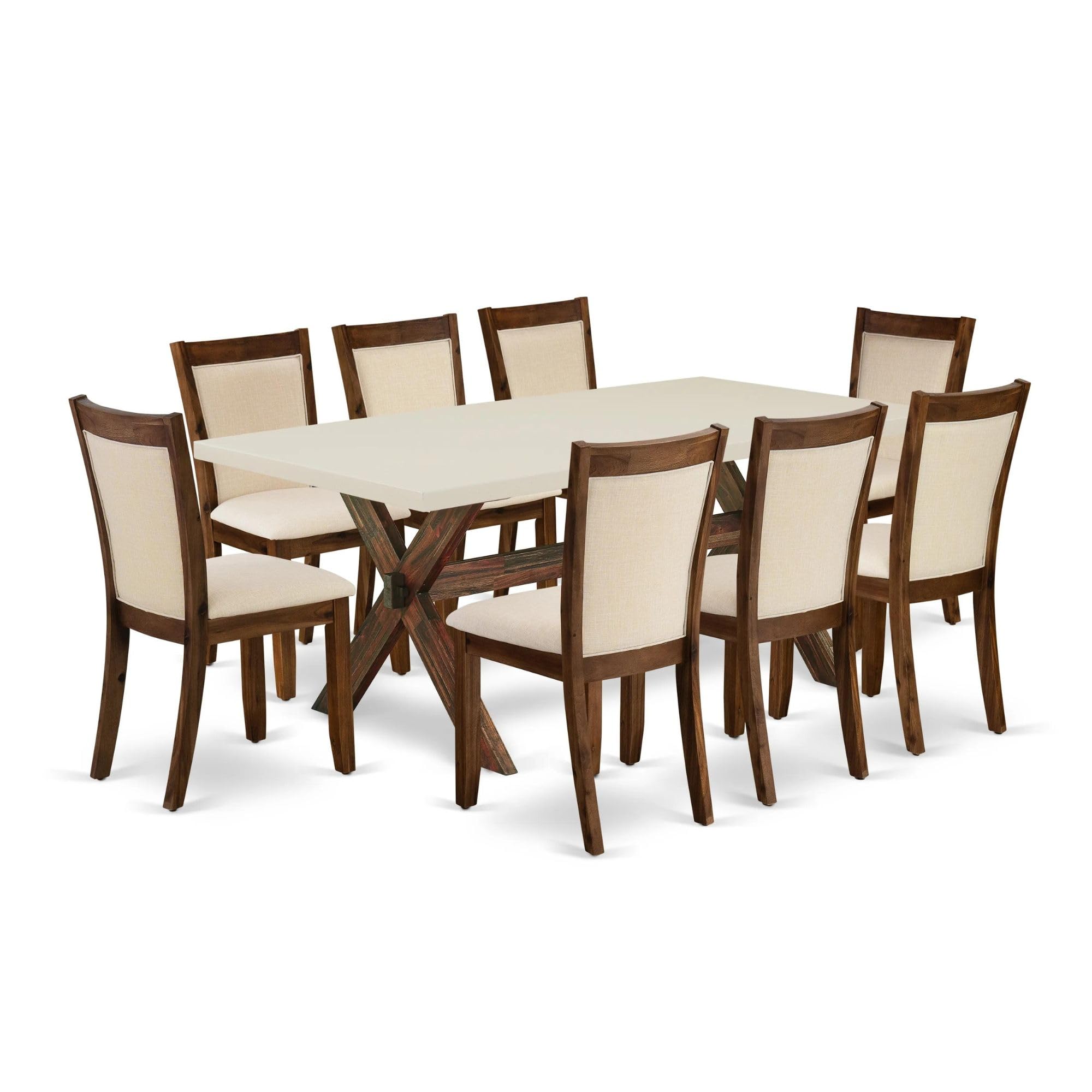 East West Furniture X727Mzn32-9 9 Piece Dining Room Furniture Set Includes A Rectangle Dining Table With X-Legs And 8 Light Beige Linen Fabric Parsons Chairs, 40X72 Inch, Multi-Color