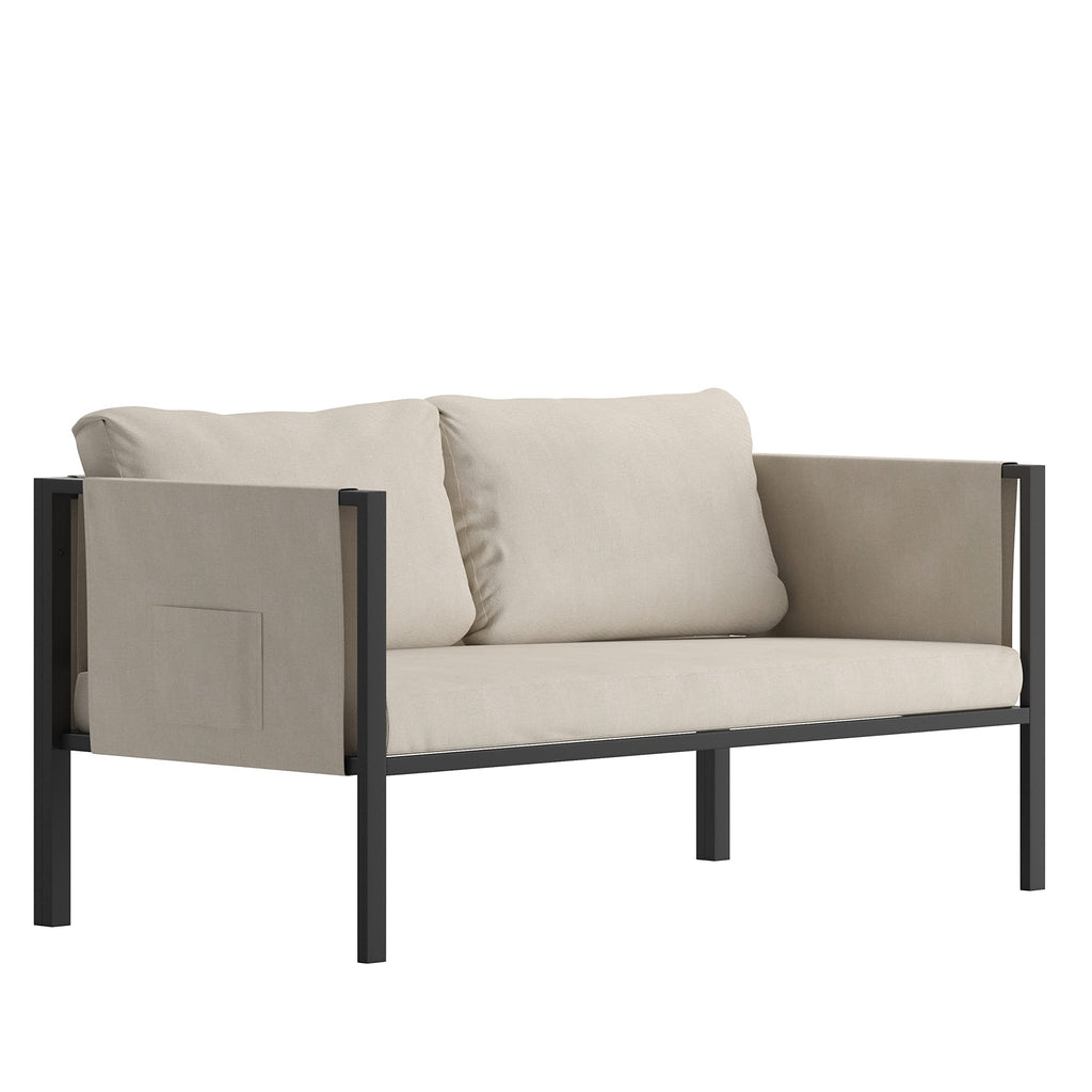 Flash Furniture Lea Indoor/Outdoor Loveseat With Cushions - Modern Steel Framed Chair With Storage Pockets, Black With Beige Cushions