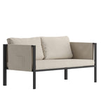 Flash Furniture Lea Indoor/Outdoor Loveseat With Cushions - Modern Steel Framed Chair With Storage Pockets, Black With Beige Cushions