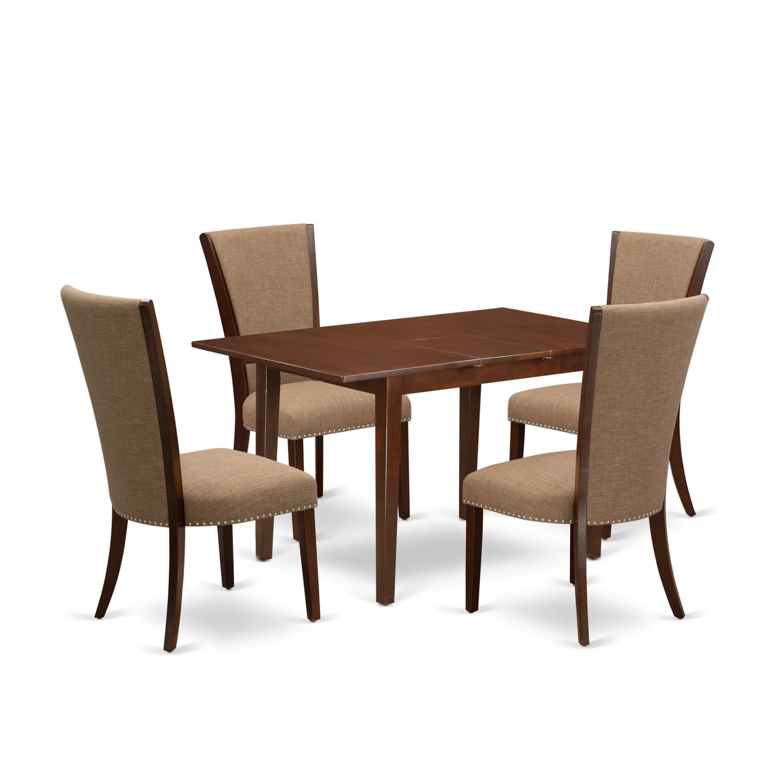 East West Furniture Nfve5-Mah-47 5 Piece Dining Table Set For 4 Includes A Rectangle Kitchen Table With Butterfly Leaf And 4 Light Sable Linen Fabric Parsons Chairs, 32X54 Inch, Mahogany