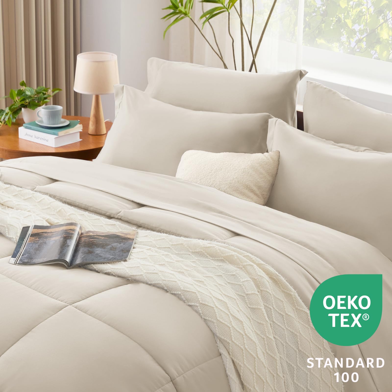 Cozylux Beige Comforter Set Full 7 Pieces Beige Bedding Set Cream Off White Bed In A Bag Set Full Box Stitch Bedding Sets With All Season Comforter, Flat Sheet, Fitted Sheet And Pillowcases & Shams