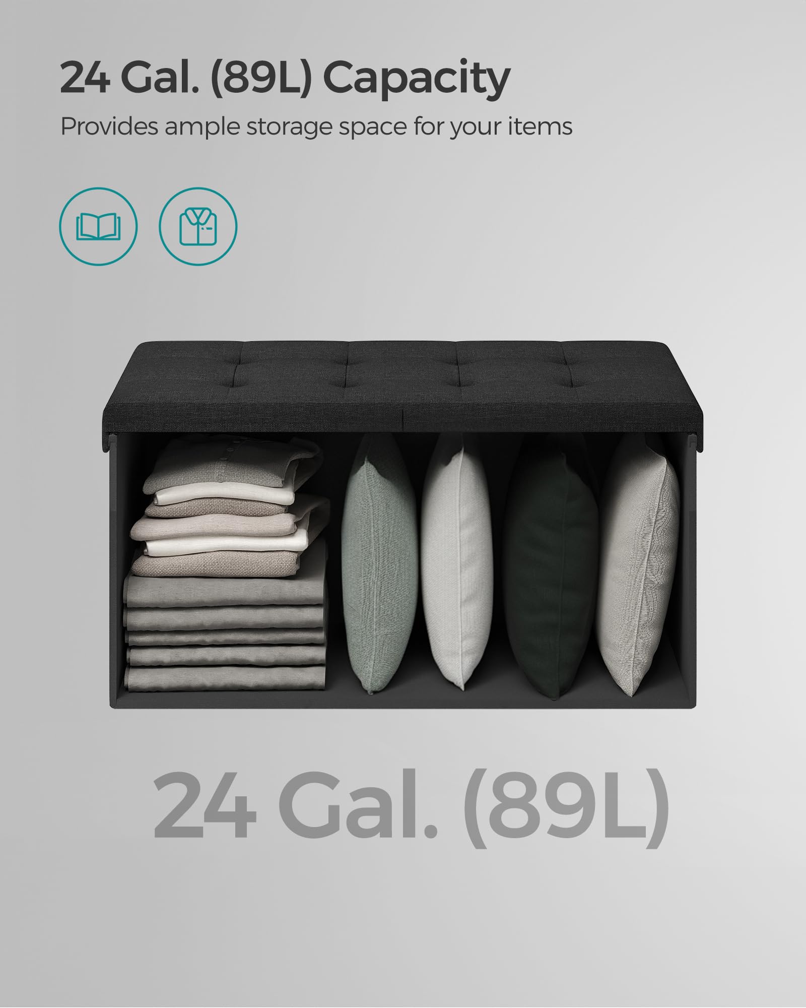 Songmics Mazie Collection - 30 Inches Storage Ottoman, Foldable Storage Bench With Flipping Lid, 660 Lb Load Capacity, For Entryway, Living Room, Bedroom, Ink Black Ulsf046B01