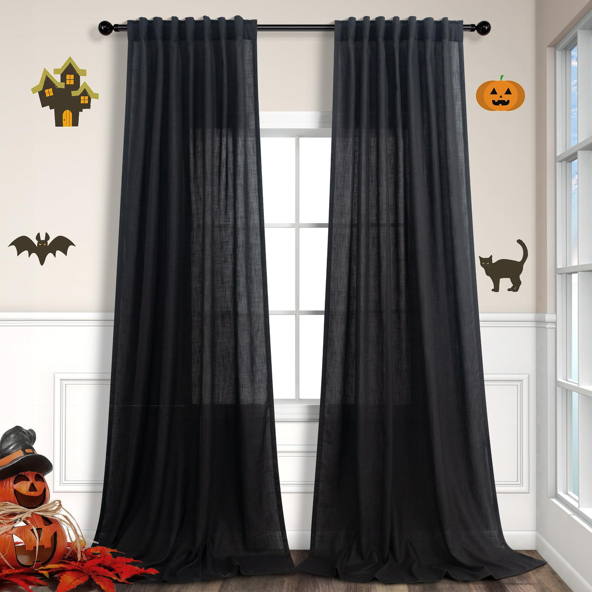 Pitalk Black Linen Curtains 90 Inches Long For Dining Room 2 Panels Pair Back Tab Pocket Modern Drapes Lace Muslin Textured Semi
