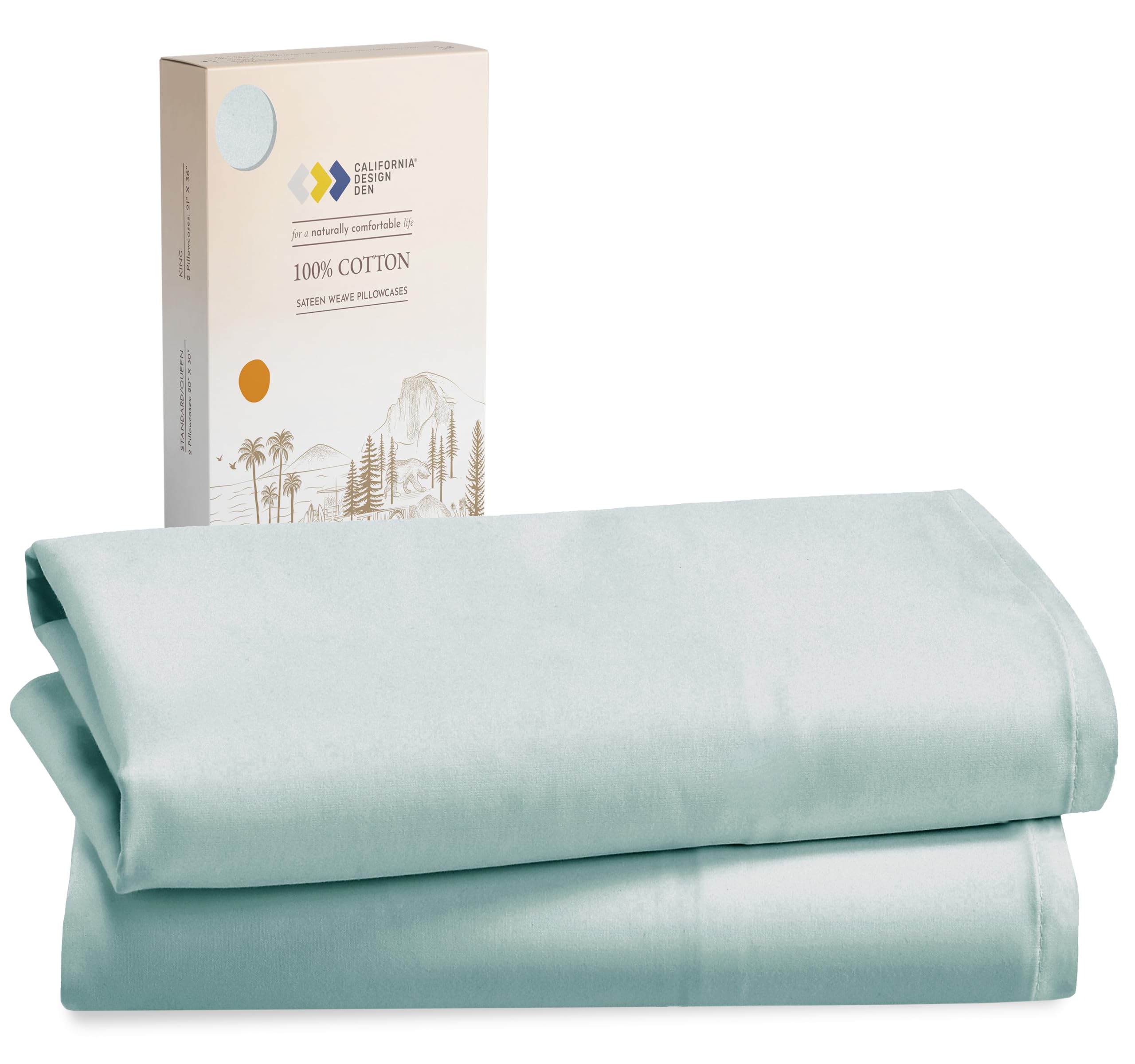 California Design Den 100% Cotton Pillow Cases Standard Size Set Of 2, Soft & Cooling Sateen Weave Pillowcase Set (Standard/Queen, Seafoam)