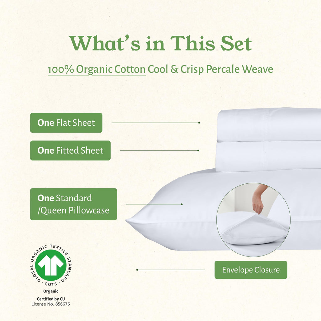 California Design Den Twin Xl Sheets Set, Deep Pockets 100% Organic Cotton Sheets, Percale Sheets, Gots Certified, Soft, Crisp & Cooling Sheets, Xl Twin Sheets, White Sheets For Dorm, Hospitals