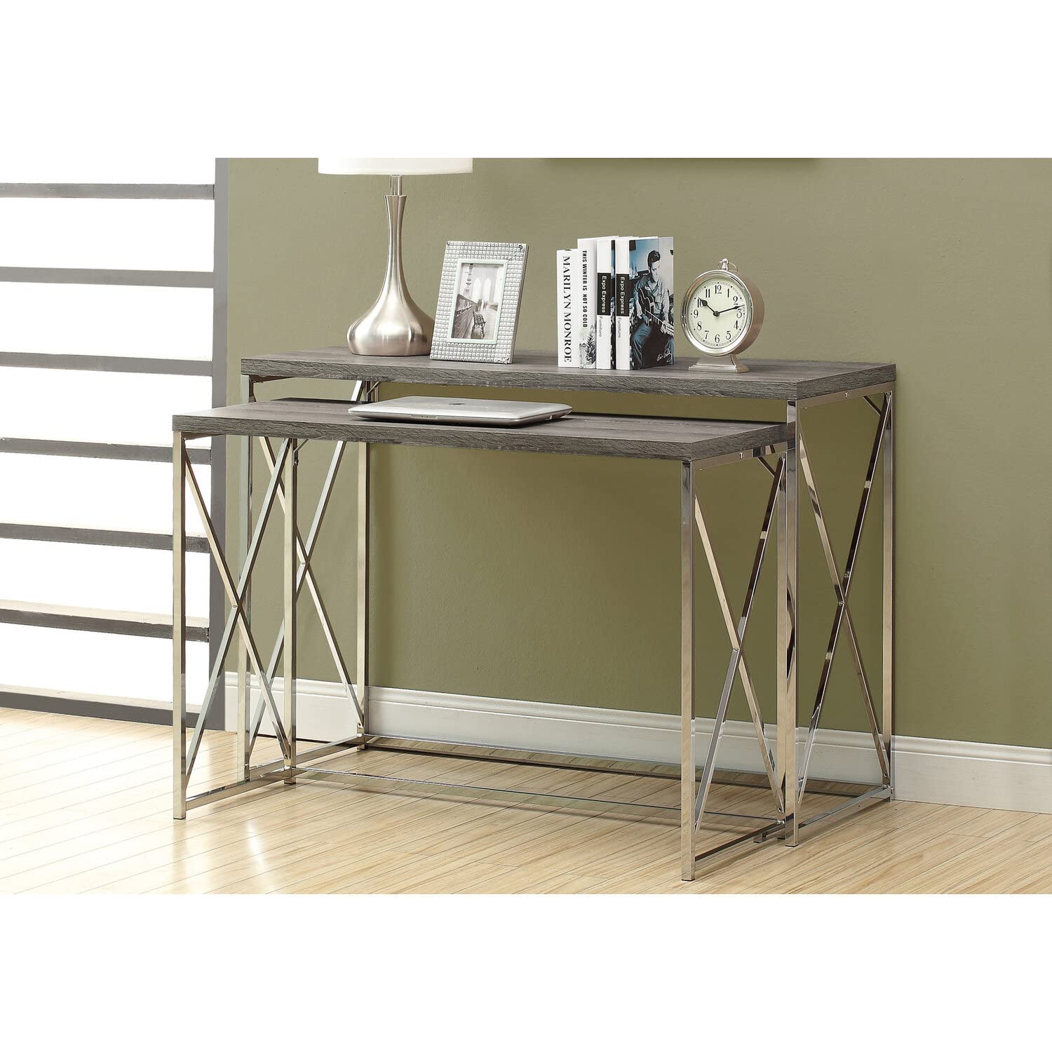 Monarch Specialties 3257 Accent Table, Console, Entryway, Narrow, 2Pcs Set, Living Room, Bedroom, Metal, Laminate, Brown, Chrome, Contemporary, Modern Table-46 Dark Taupe, 46&quot; L X 18.25&quot; W X 32.5&quot; H