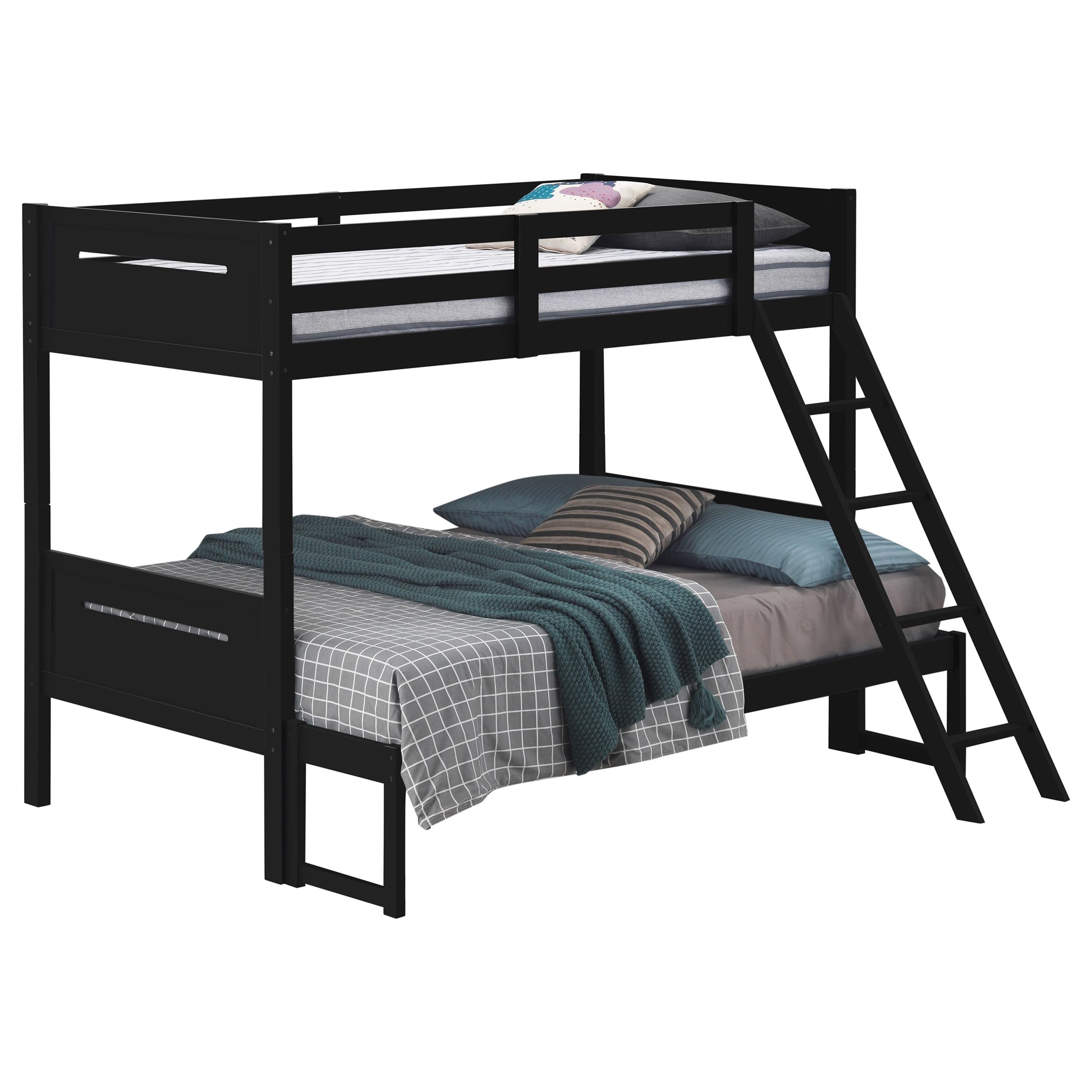Coaster Home Furnishings Littleton Transitional Wood Twin Over Full Size Bunk Bed Frame with Ladder and Guardrails Fully Slatted Mattress Ready Foundation Black 405052BLK
