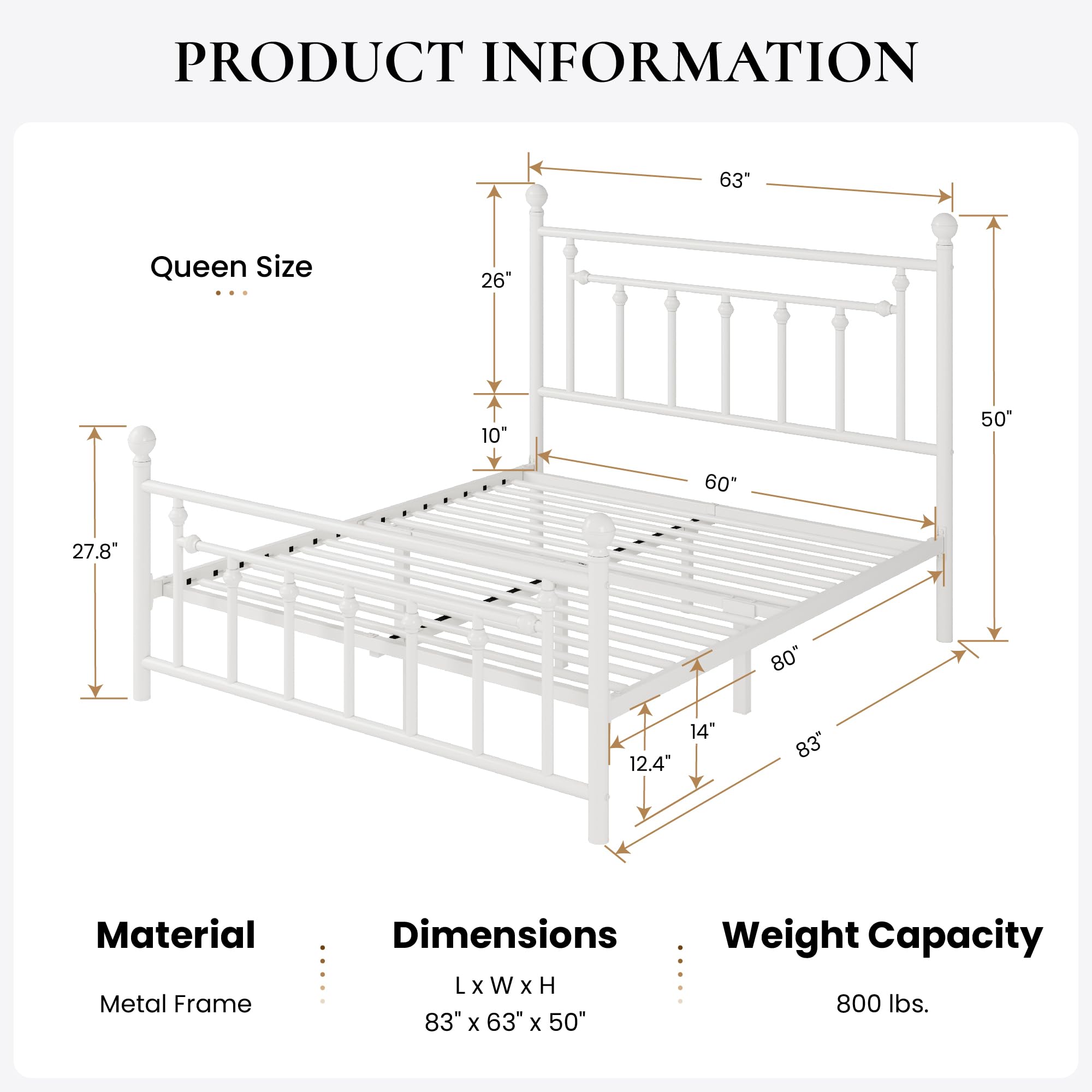 Sha Cerlin 14'' Queen Size Metal Platform Bed Frame/Victorian Headboard And Footboard/Steel Slats Mattress Foundation For Storage/No Box Spring Needed/Noise Free/White