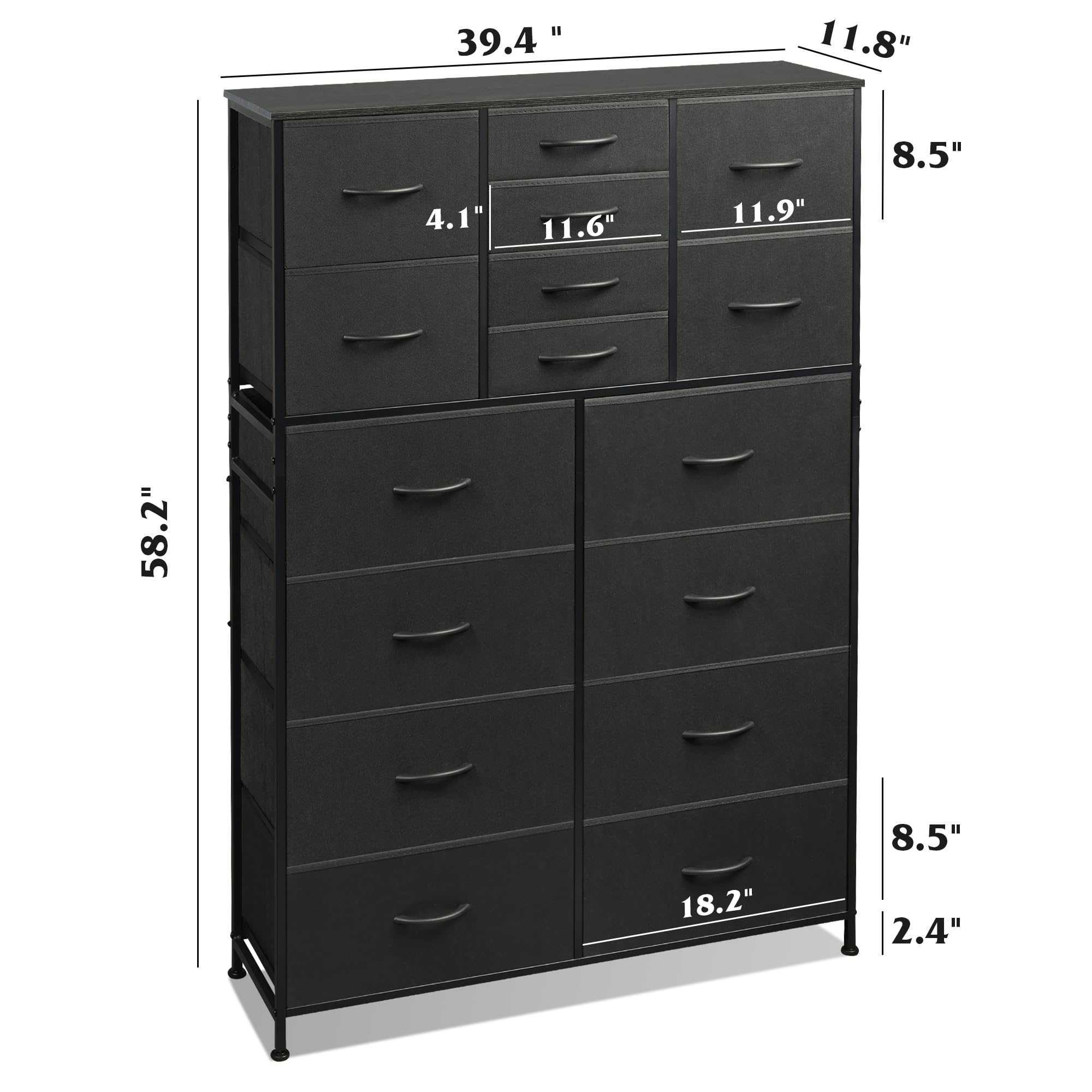 Wlive Tall Dresser For Bedroom, Fabric Dresser Storage Tower With 16 Drawers, Chest Of Drawers Organizer Unit, Storage Cabinet, Hallway, Closets, Steel Frame, Charcoal Black